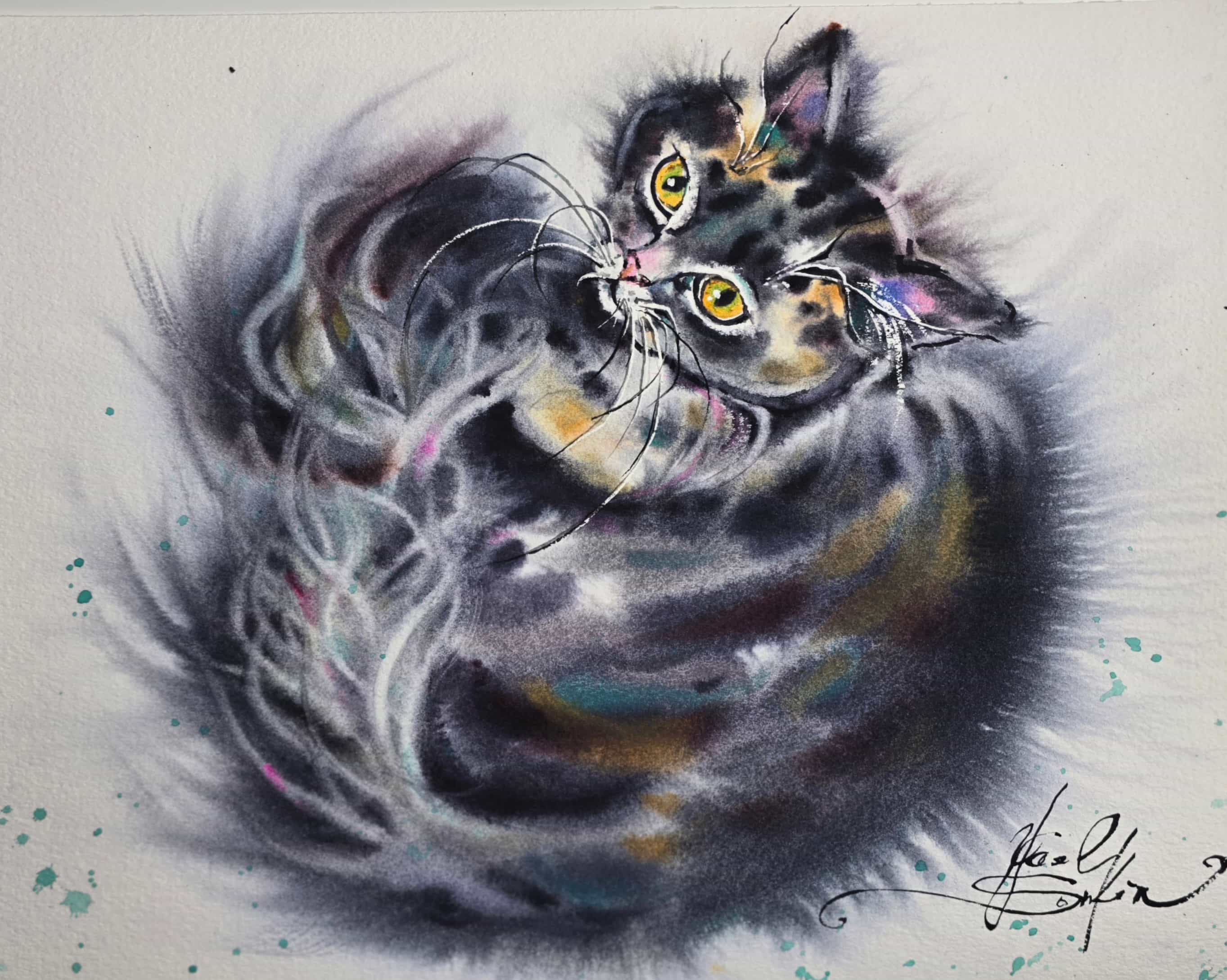Fluffy Black Cat Watercolor Painting, Original Pet Portrait Wall Art with Yellow Eyes
