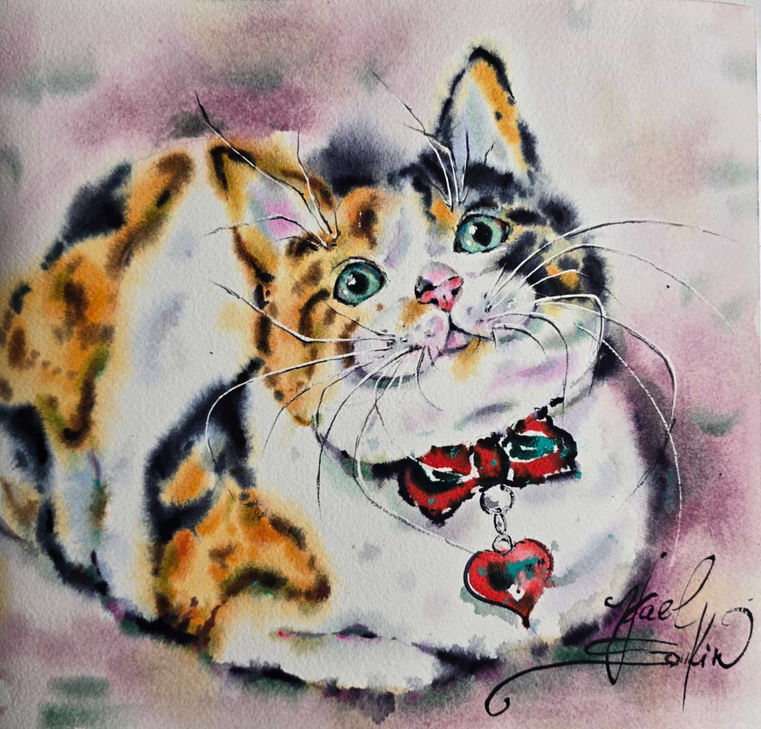 Cat Watercolor Painting, Original Calico Cat Portrait Wall Art with Red Bow
