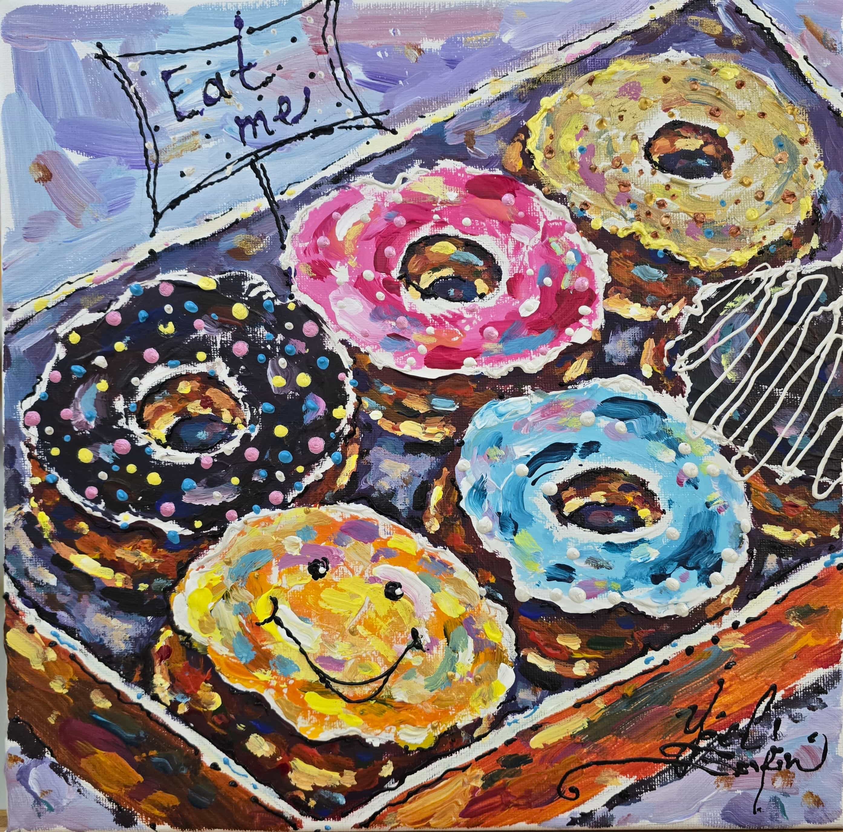 Donut Painting on Canvas, Colorful Mixed Media Wall Art, Textured Acrylic Artwork