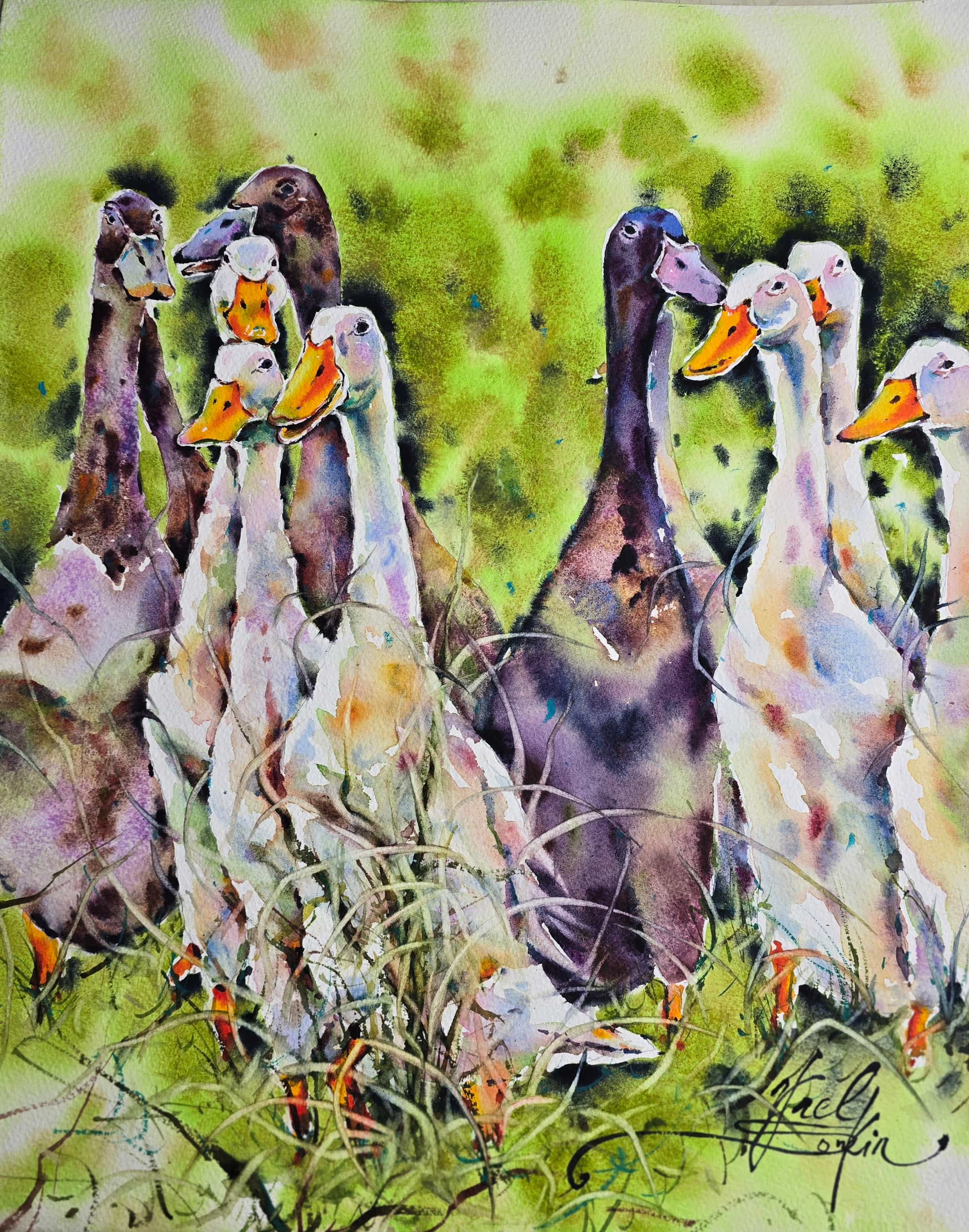 Geese Watercolor Painting, Original Farm Animal Wall Art