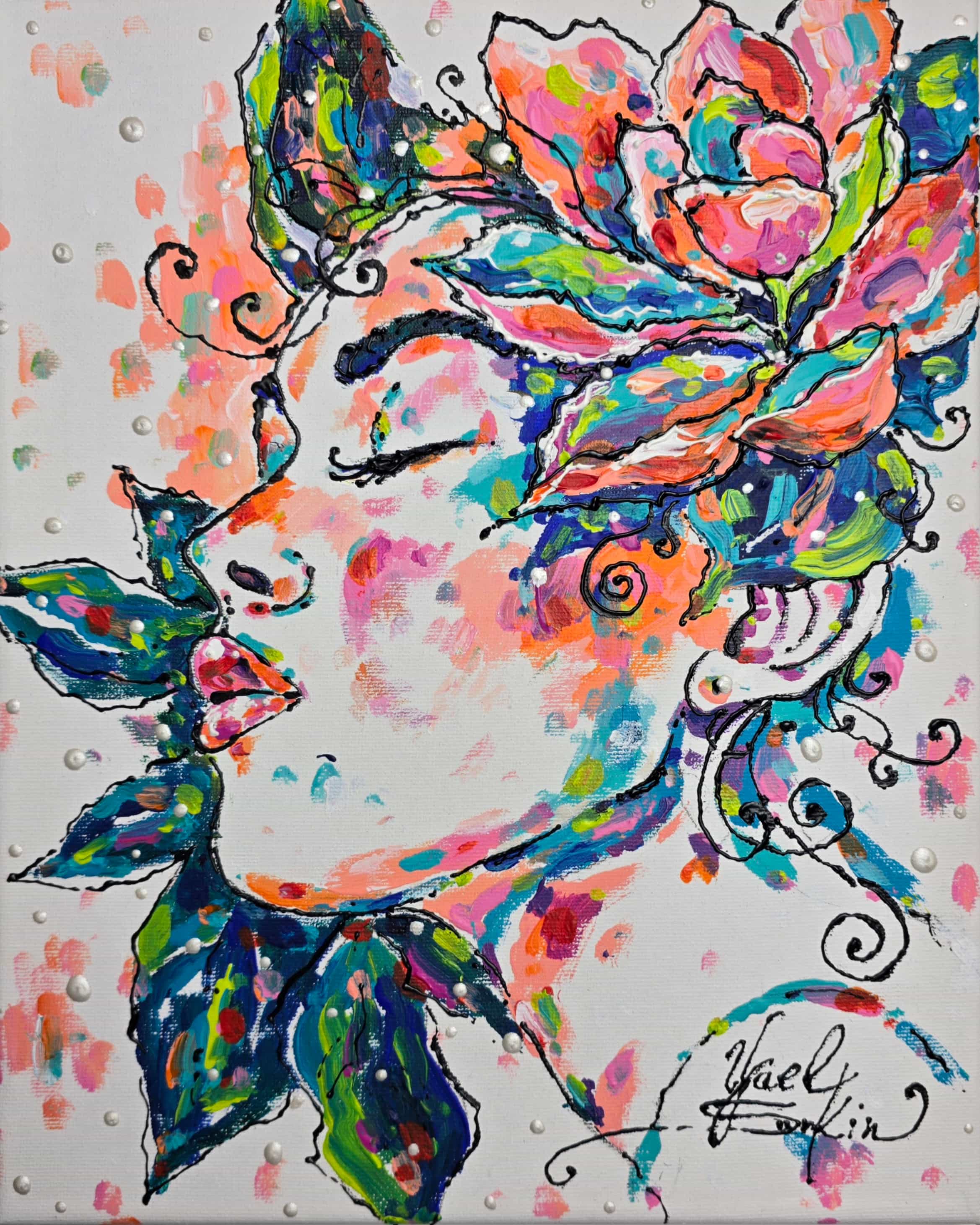Floral Woman Acrylic Painting, Original Colorful Portrait Wall Art on Canvas