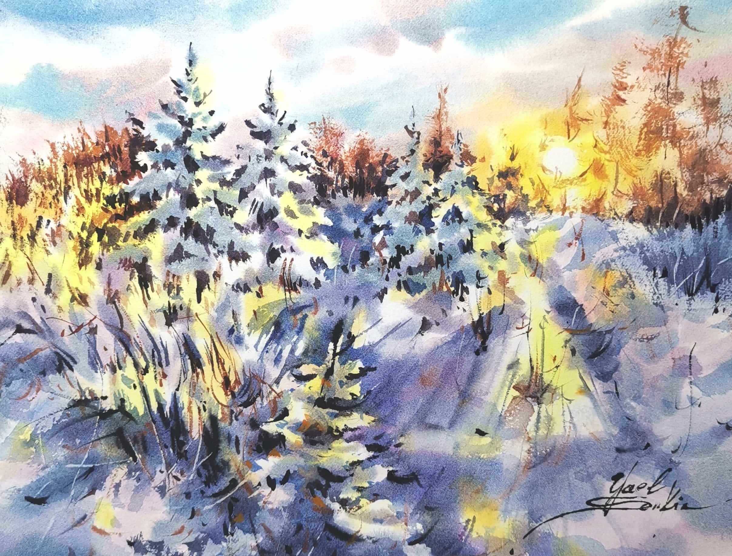Original Watercolor Sunrise Painting - Winter Landscape Wall Art