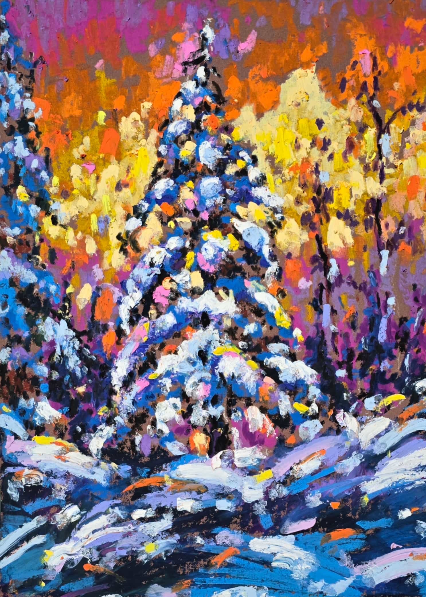 Original Oil Pastel Winter Sunset Landscape Painting - Pine Tree Wall Art