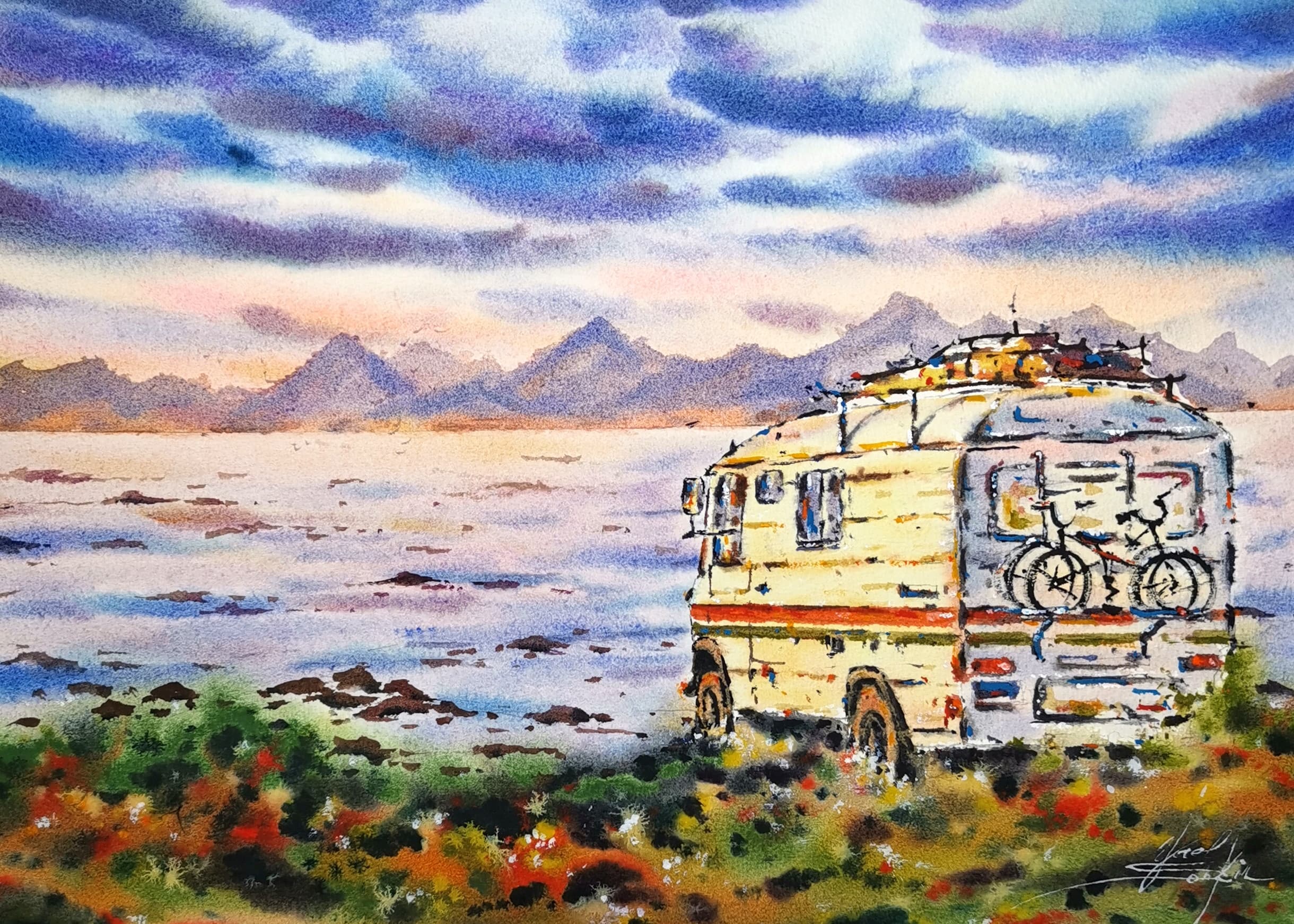 Original watercolor painting of a vintage campervan parked by the sea at sunset, surrounded by soft violet and blue mountains and golden light. Travel and van life inspired artwork by Yael Natali, perfect for adventure and nature lovers