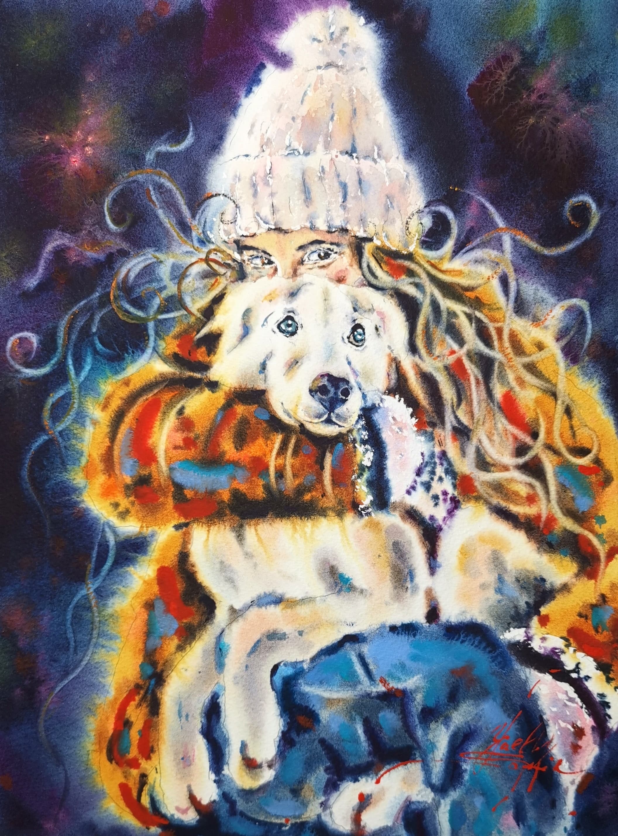 warm hearts in winter original watercolor painting of dog and girl, cozy winter wall art, hand painted artwork by yael natali, 15x11 inch, unique pet lover gift