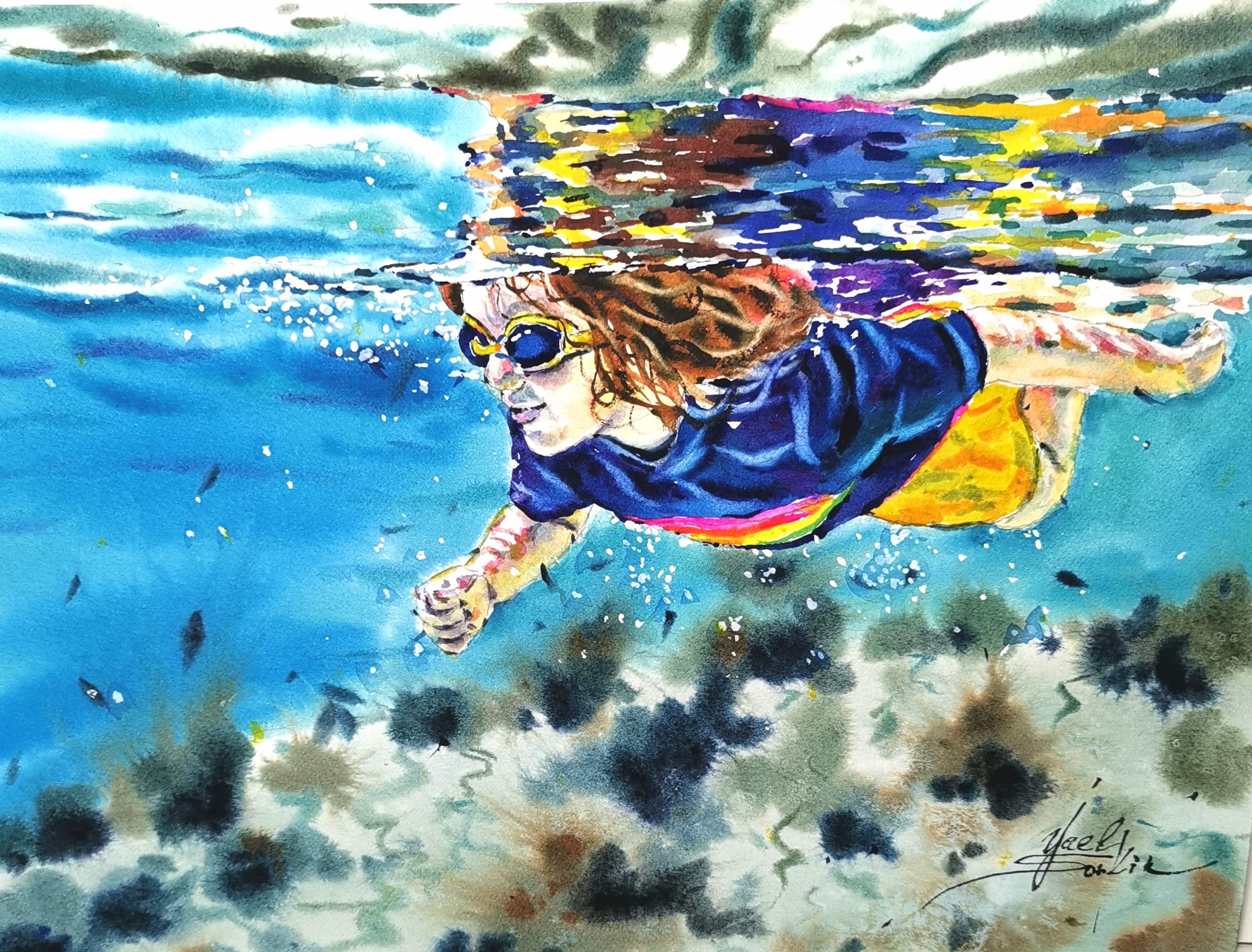 original watercolor painting of swimmer underwater, colorful ocean wall art, woman swimming with reflections, aquatic artwork 9x12 inches