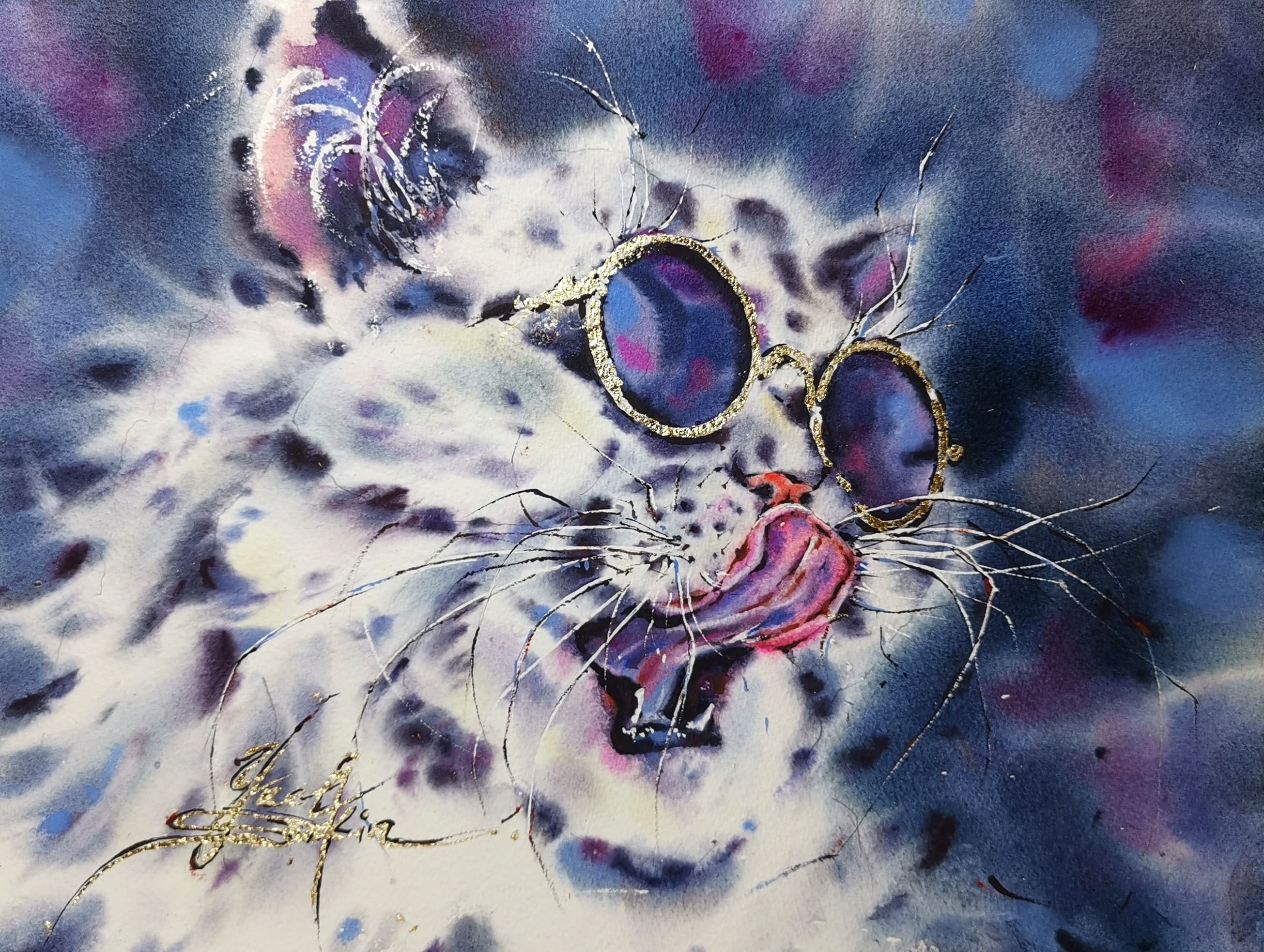 original watercolor cool cat painting with gold foil sunglasses, modern stylish cat wall art by yael natali, 11x15 in