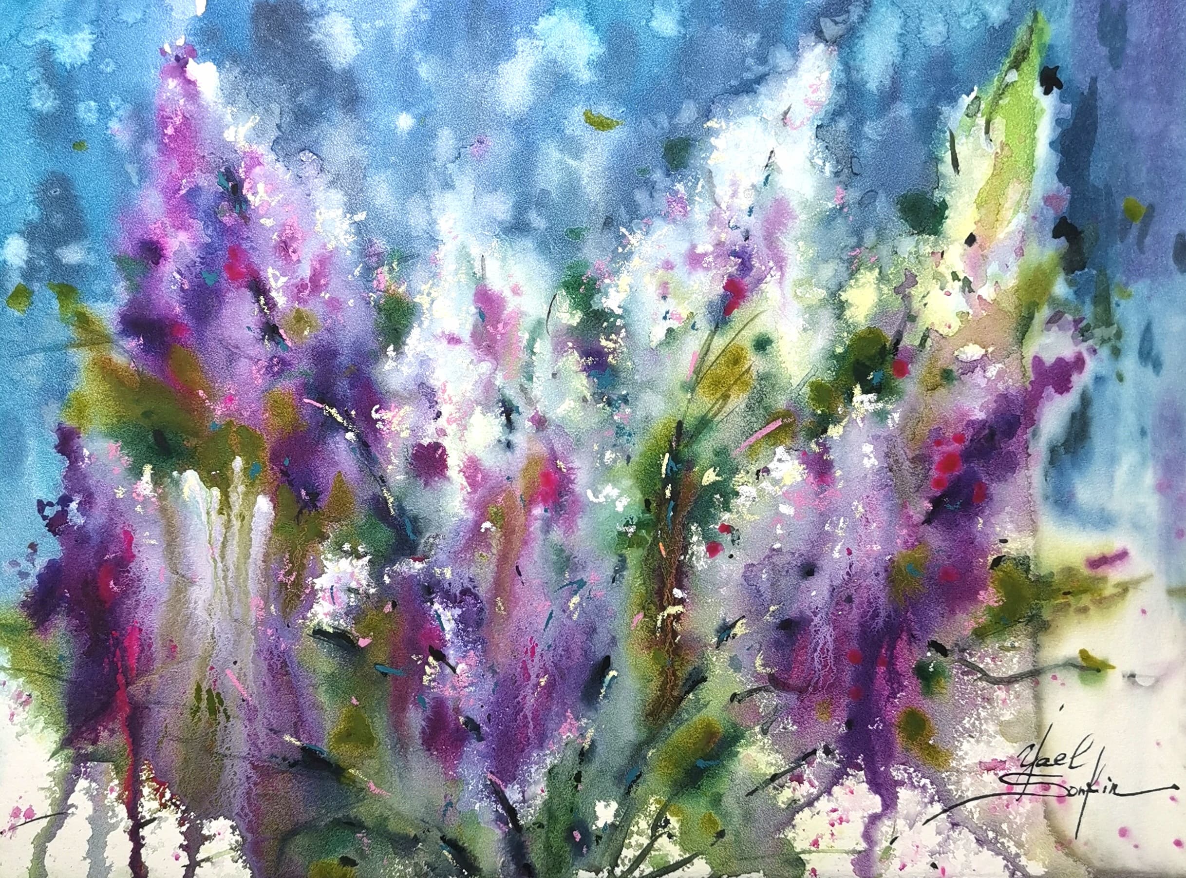 Original watercolor painting of blooming lilac flowers by Yael Natali. Vibrant purple and green floral art, spring botanical wall decor, impressionist flower watercolor artwork, perfect for nature and art lovers