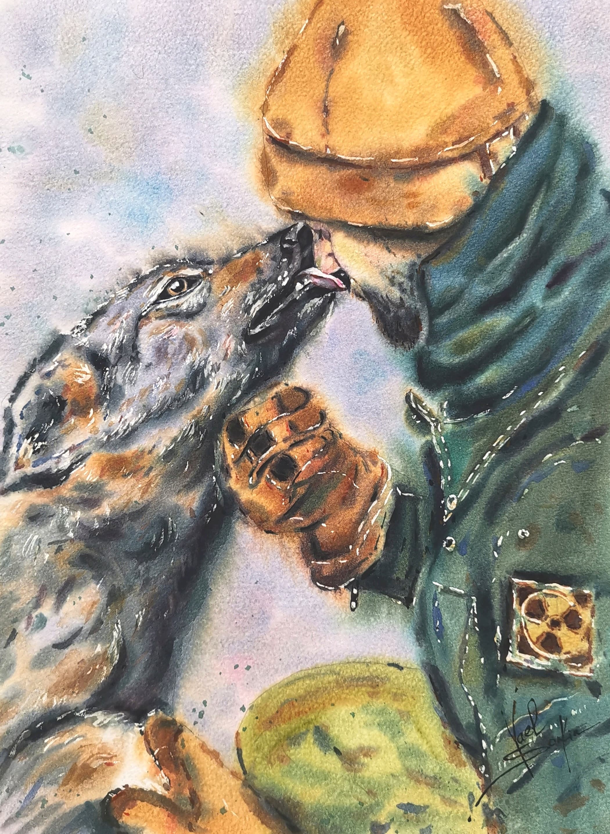original watercolor artwork depicting a man and his dog in a loving embrace, symbolizing trust and companionship