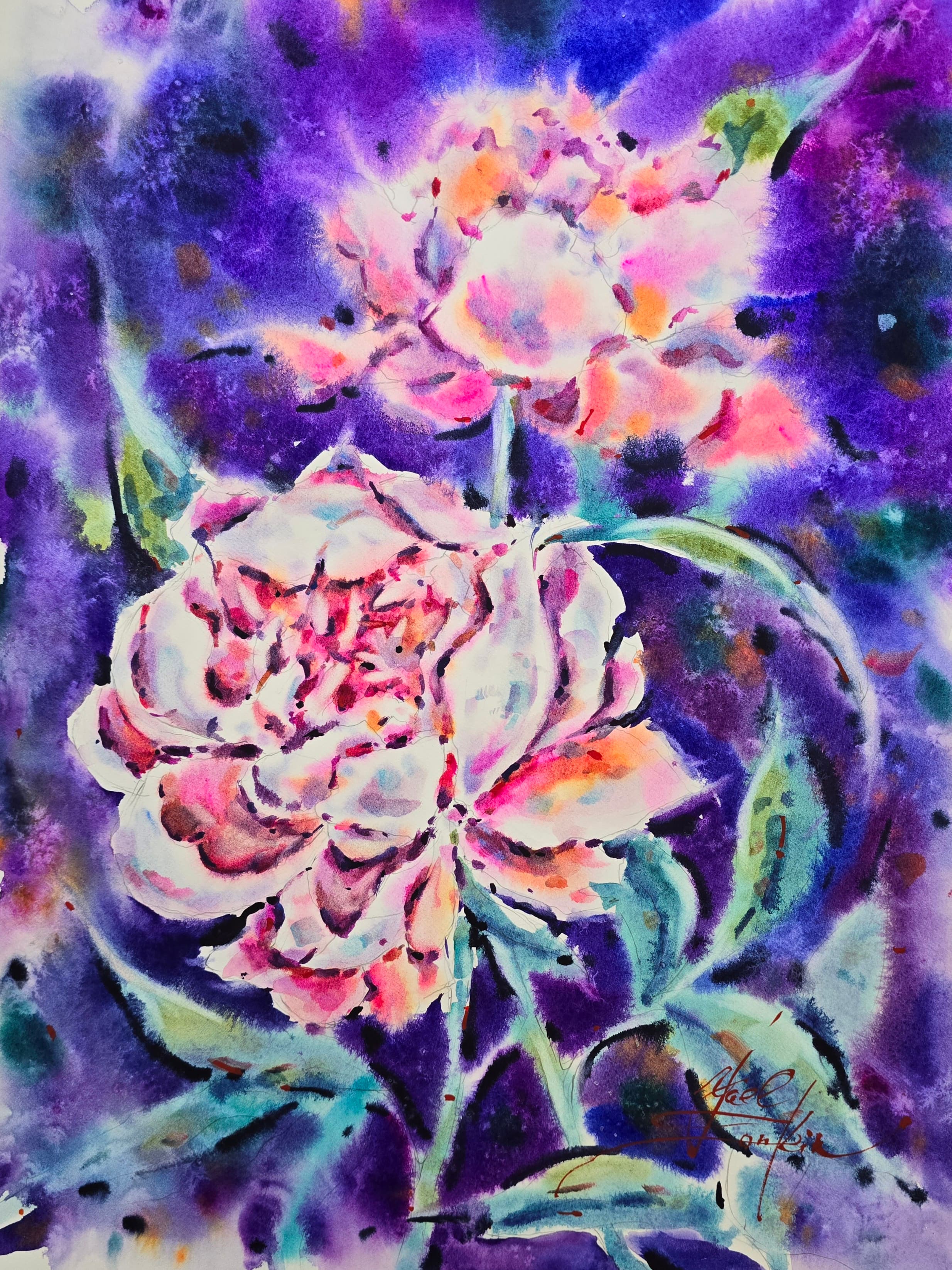 original watercolor painting of blooming pink and purple peonies, hand-painted floral artwork on professional watercolor paper, 16x12 inches, signed by the artist