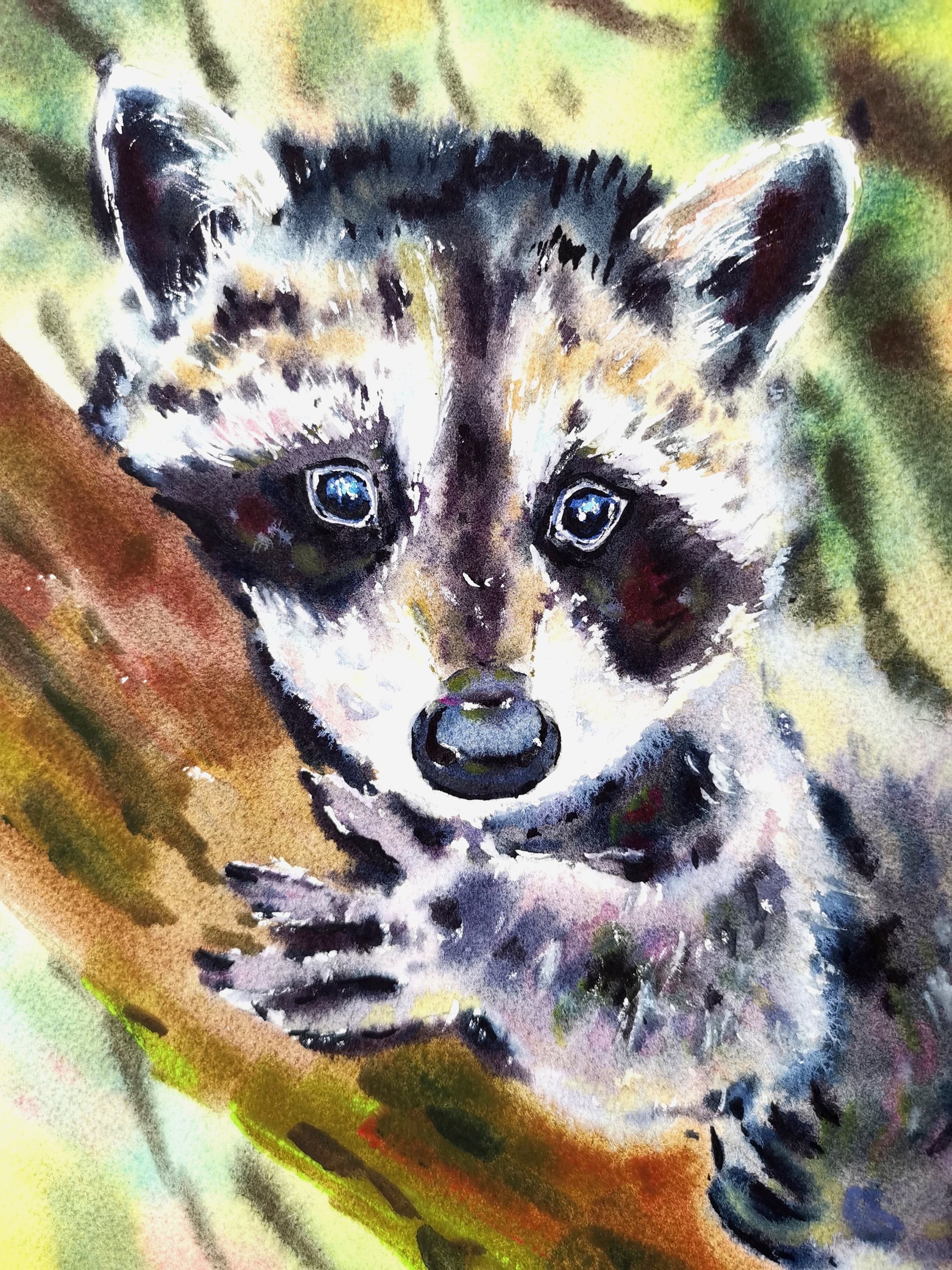 hand-painted watercolor raccoon climbing on tree, animal wall art