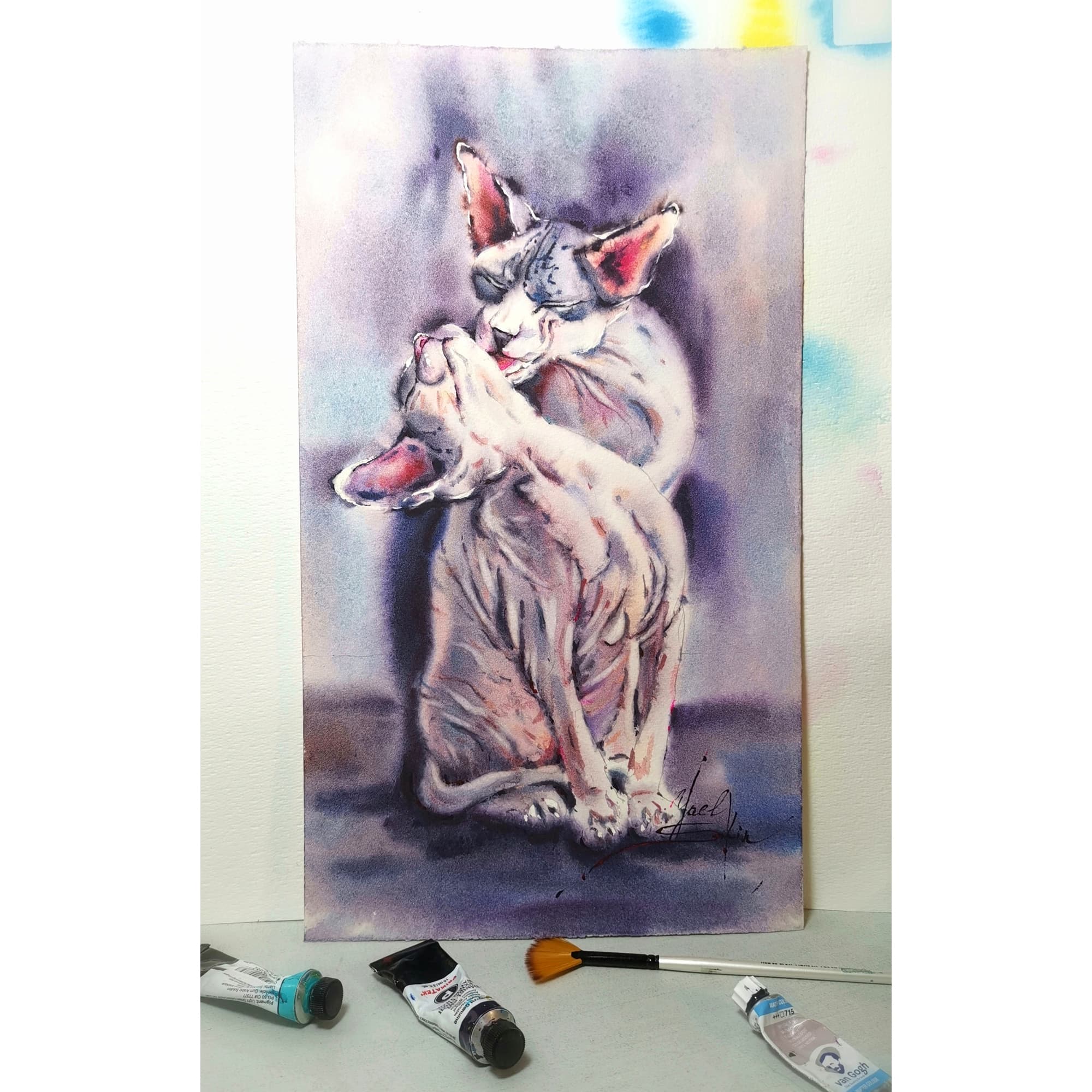 original watercolor painting of two Sphynx cats grooming each other, tender feline love artwork by Yael Natali in soft purple and gray tones, emotional cat art for home decor, unframed 14.5x8.5 inches