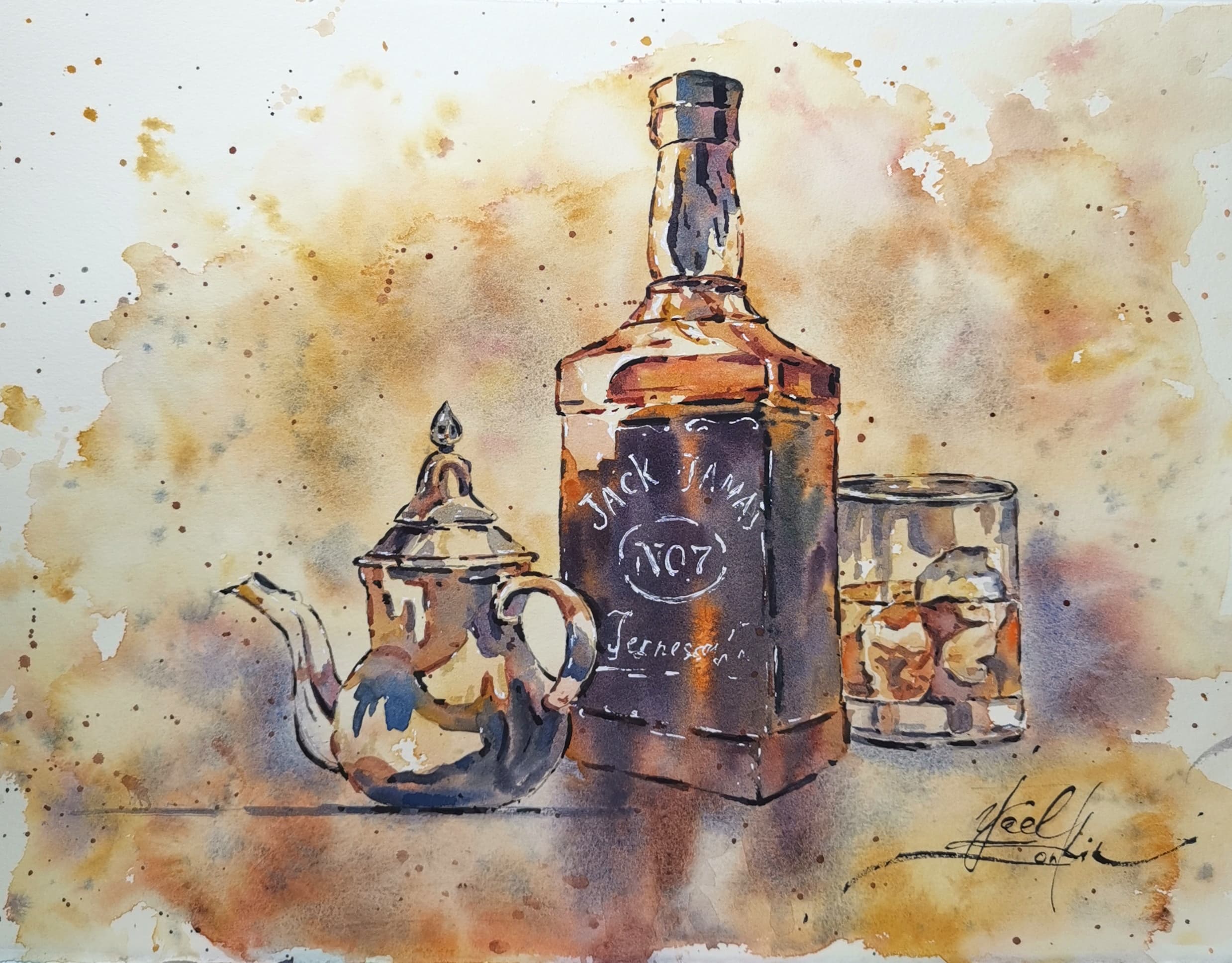 Original watercolor painting “Jack Daniel’s Still Life” by Yael Natali — bottle of Jack Daniel’s Tennessee Whiskey, glass with ice, and vintage teapot on a warm brown background. Realistic still life art for home bar or kitchen decor