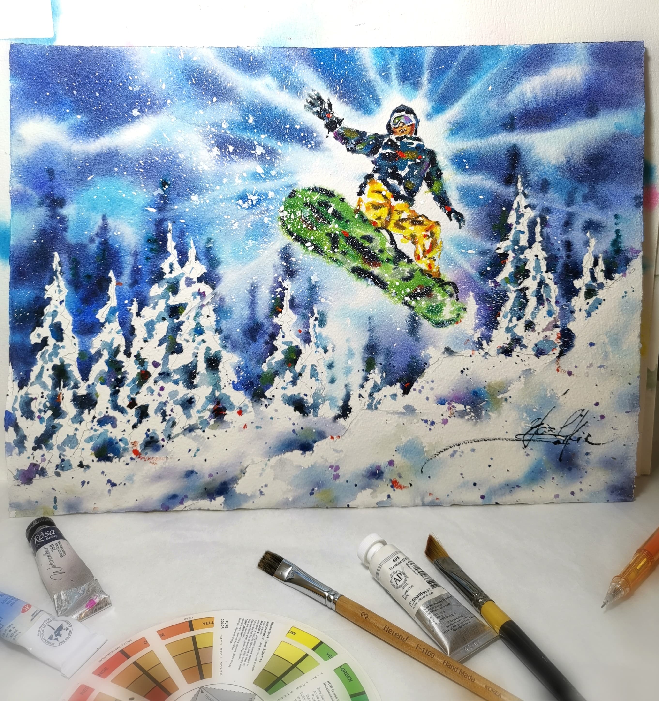 snowboarding artwork, original watercolor painting, extreme winter sports decor