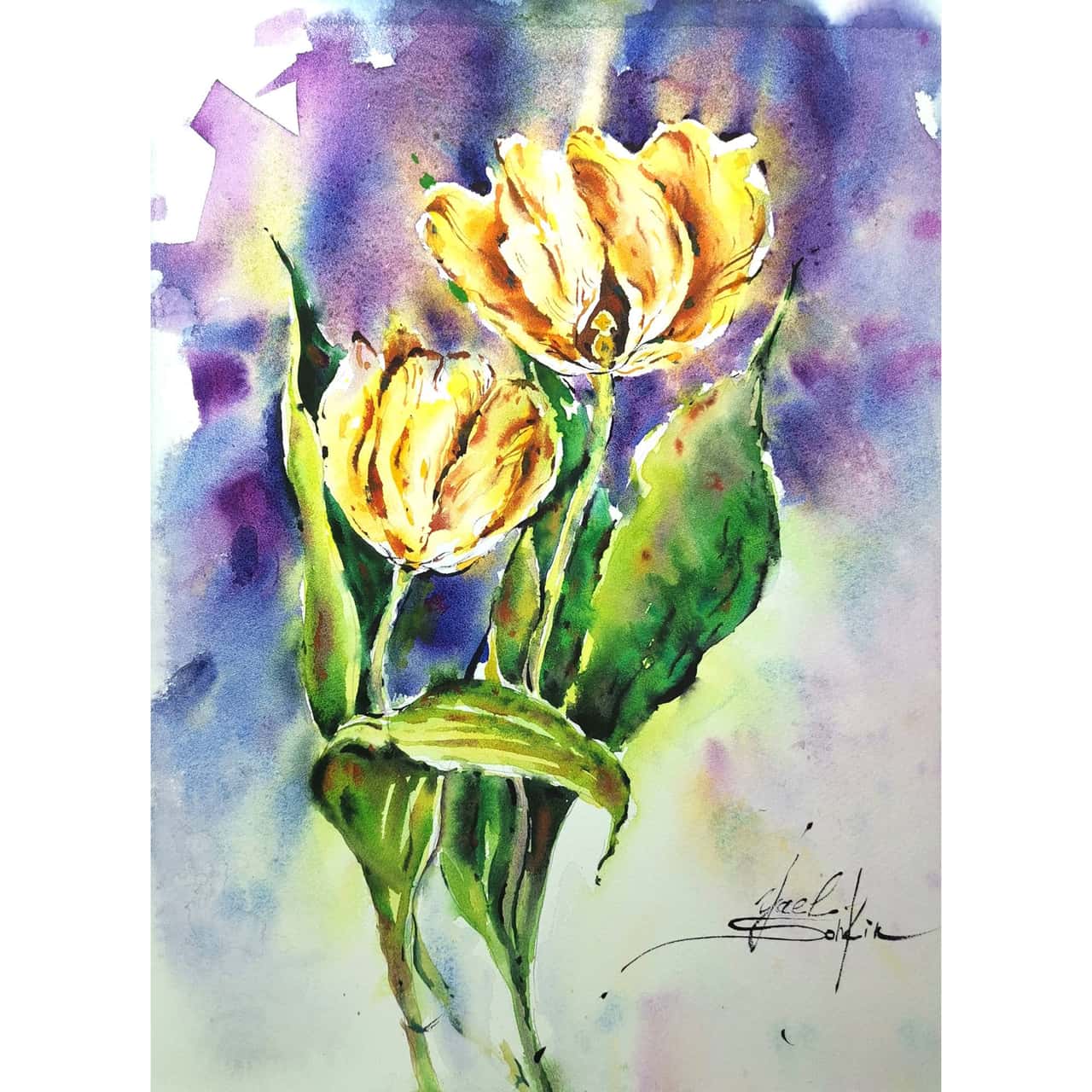 Original Watercolor Yellow Tulip Flowers Painting - Floral Wall Art