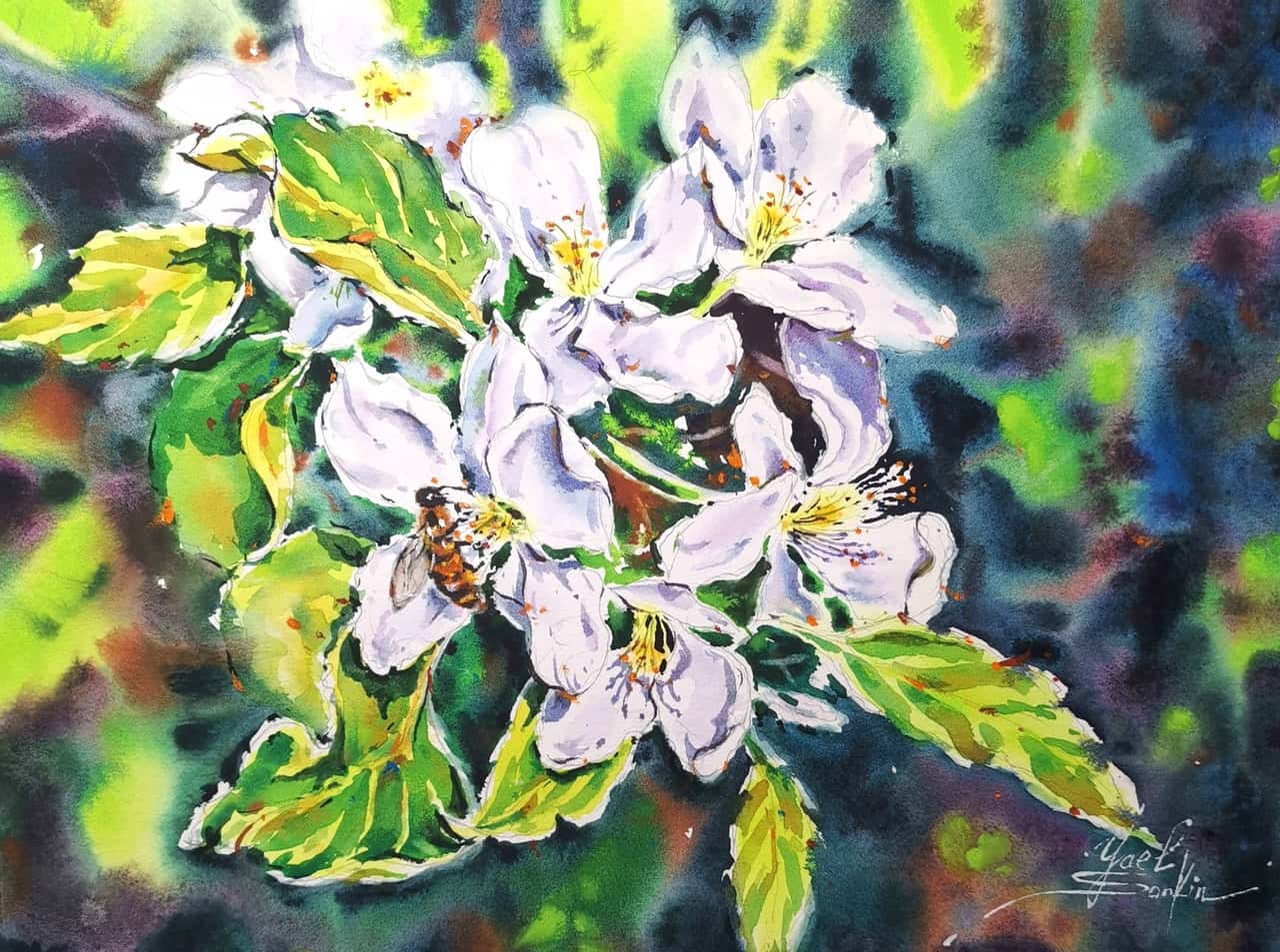 Original Watercolor Apple Tree Blossoms and Bee Painting - Spring Floral Wall Art