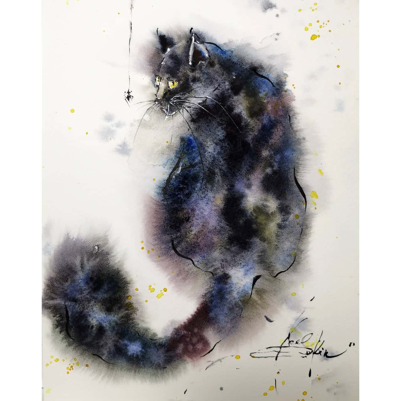 Fluffy black cat artwork Original watercolor painting