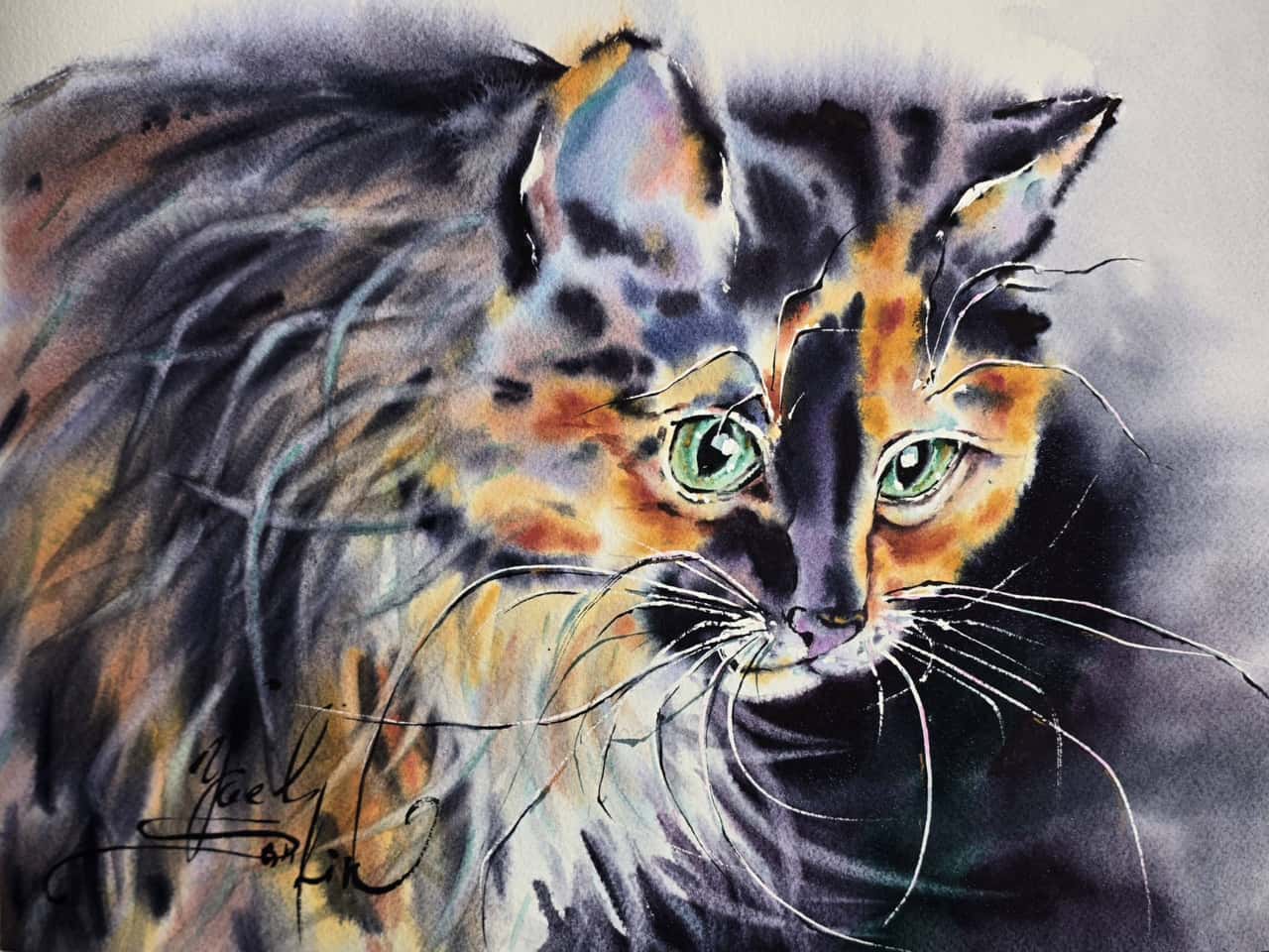 Black and Orange Cat Watercolor Painting, Original Fluffy Cat Wall Art with Green Eyes