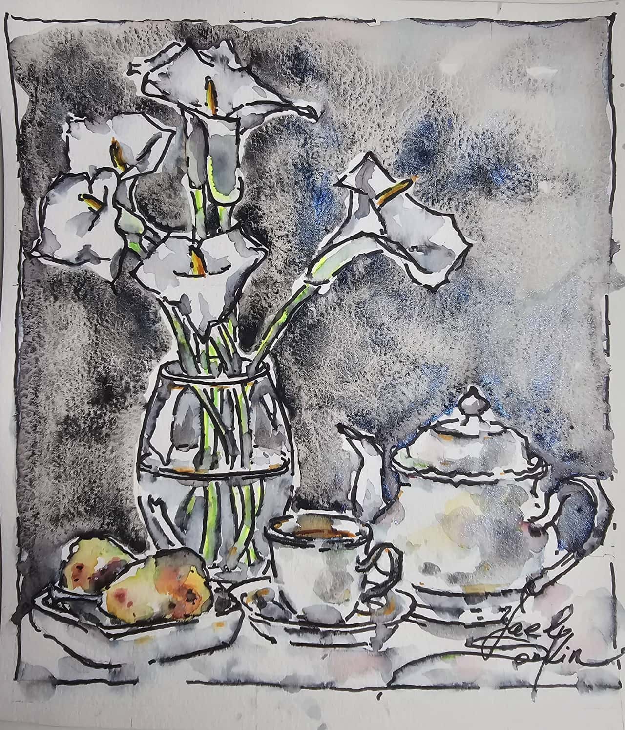 Calla Lilies and Tea Set - Original Watercolor Still Life Wall Art
