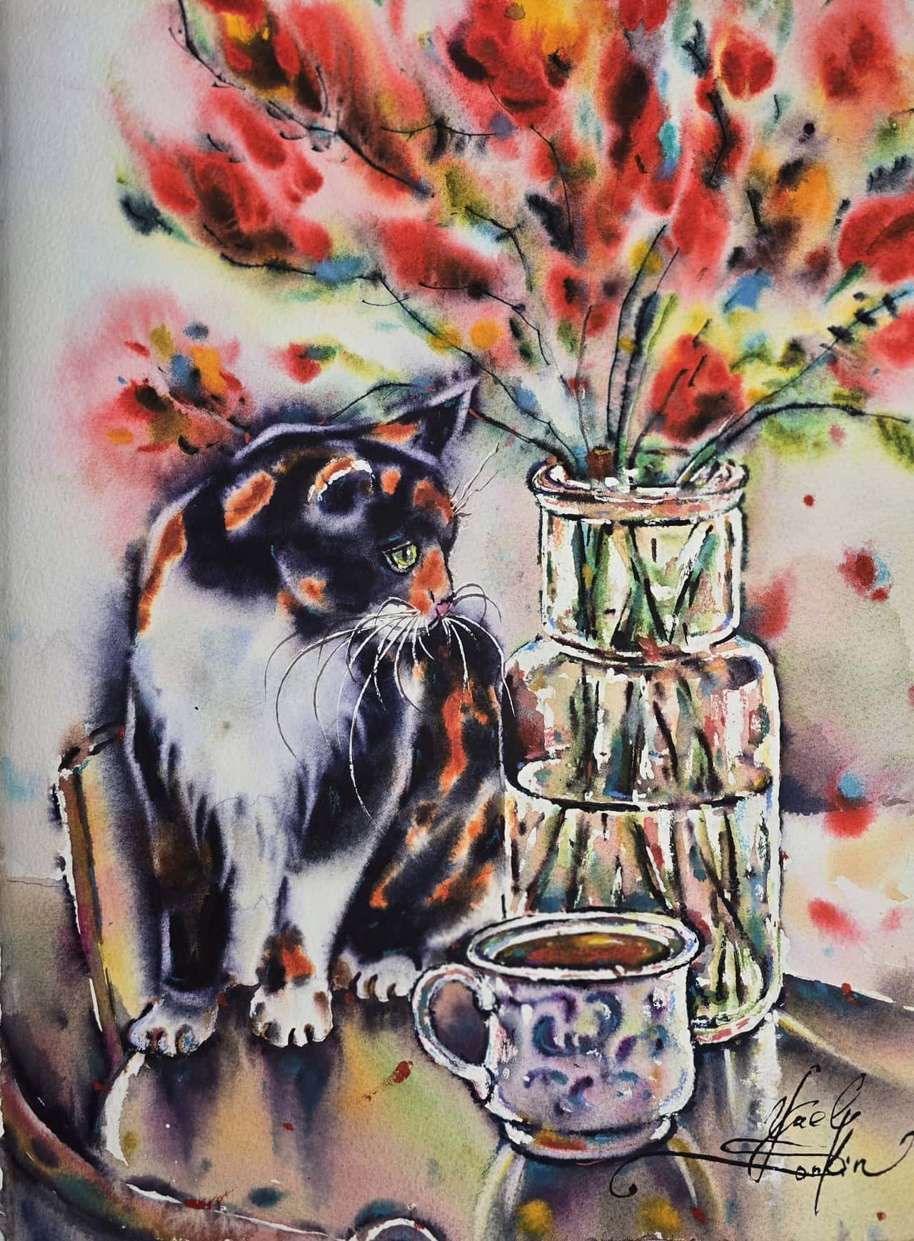 Calico Cat Watercolor Painting, Original Cozy Still Life with Flowers and Tea
