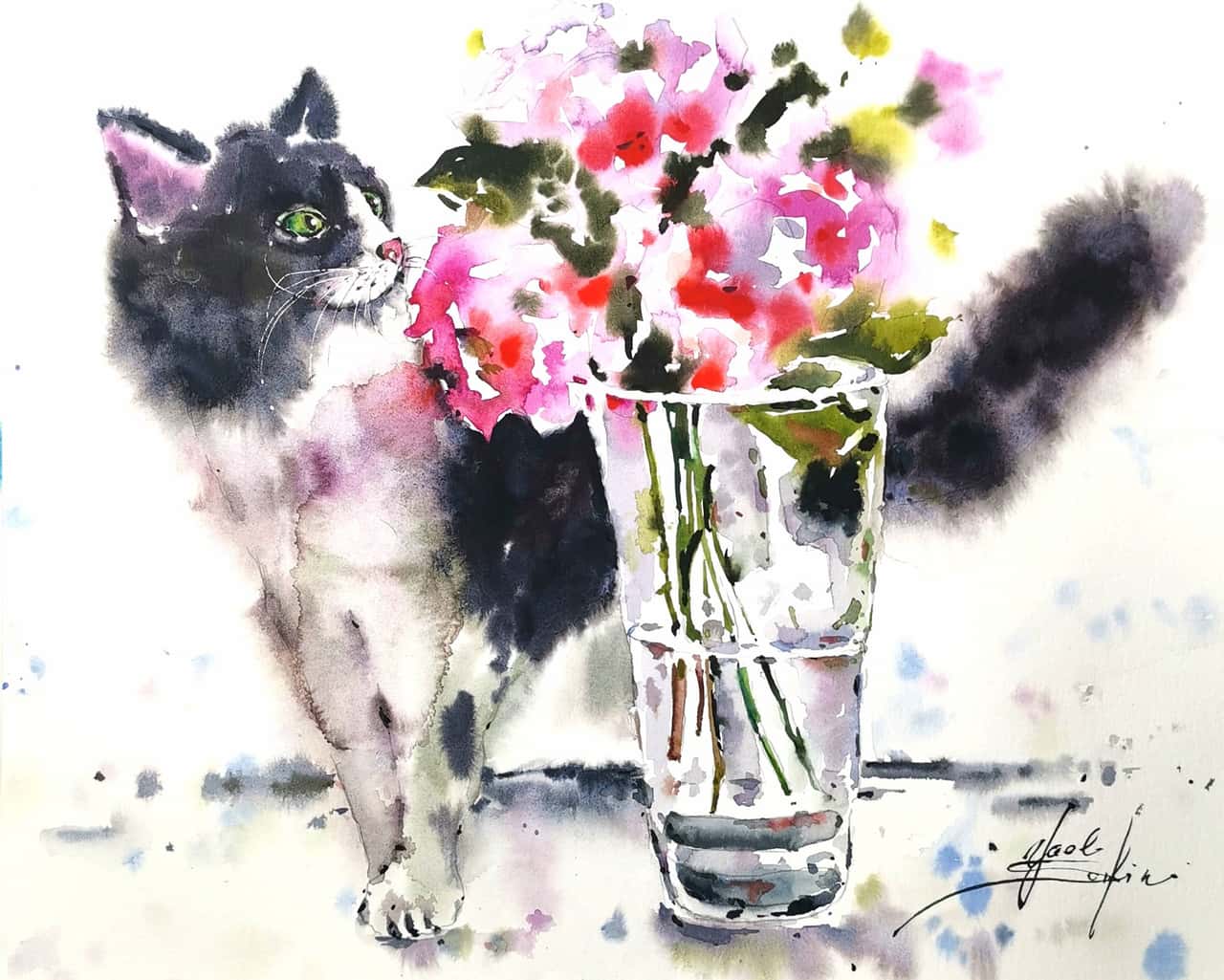 Cat painting Flowers artwork Original watercolor art
