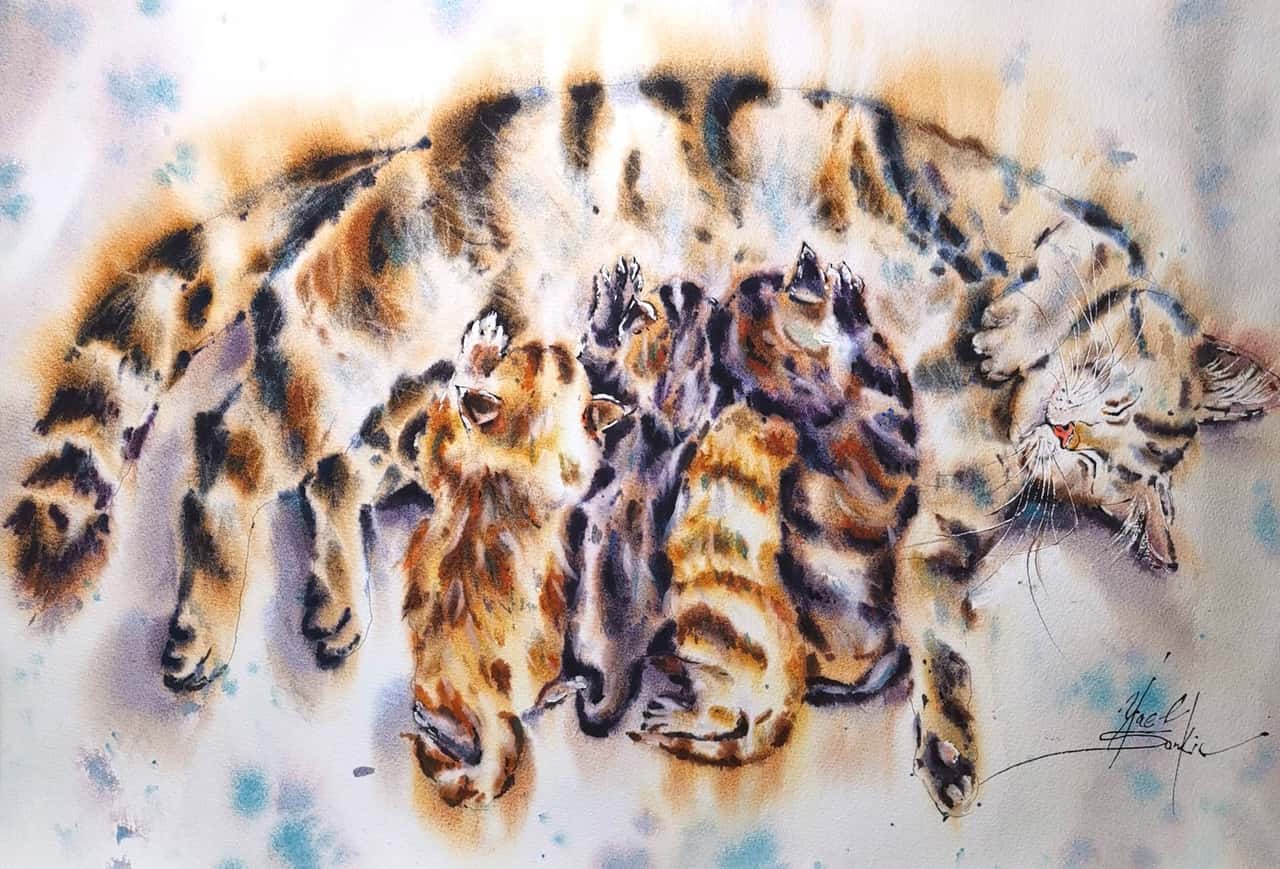 Cats painting Original watercolor Cat with kittens artwork Mother's Day art,