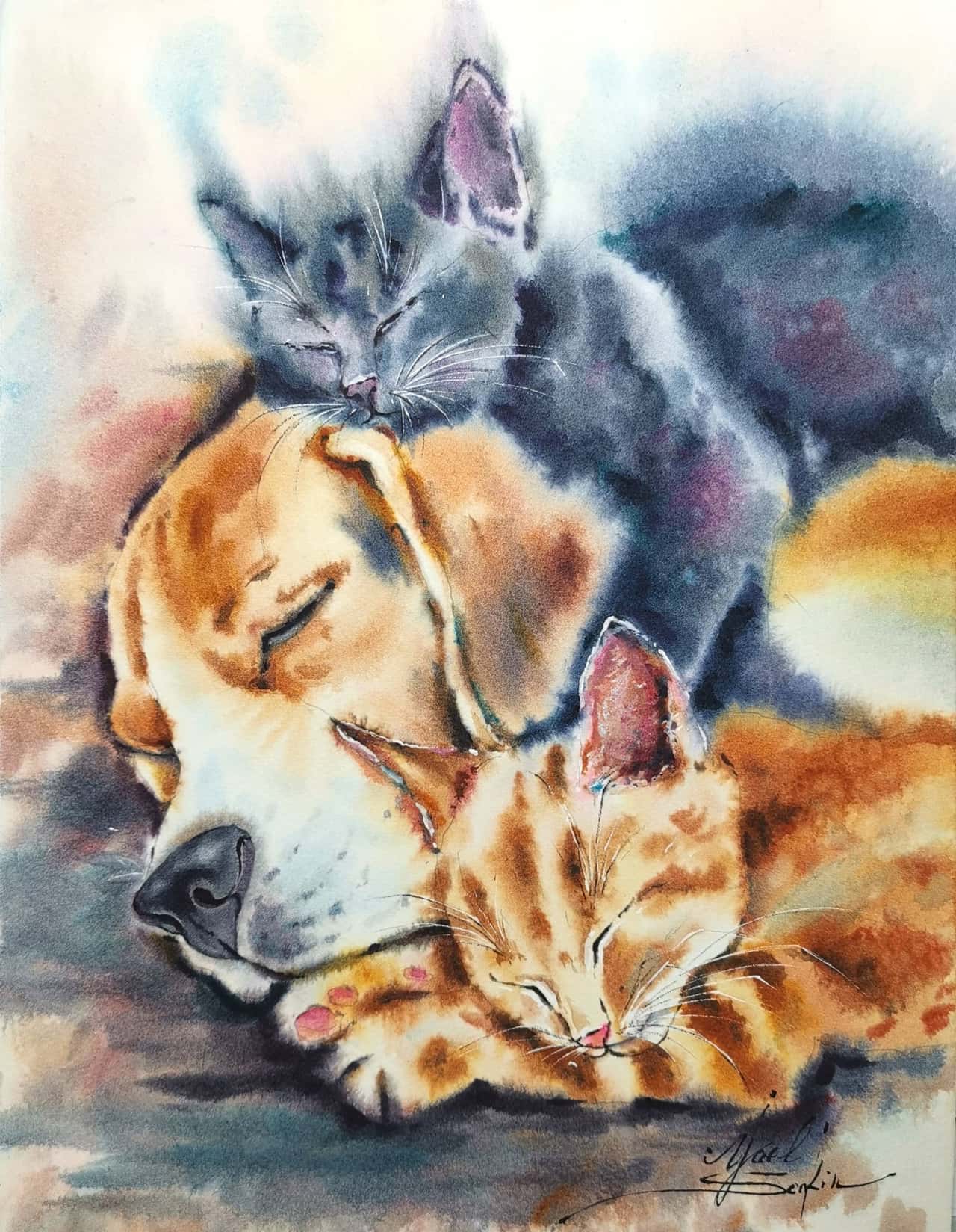 Cat Dog painting Original watercolor artwork