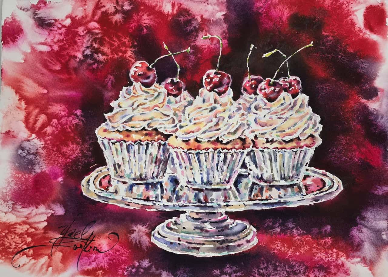 Original Watercolor Painting of Cupcakes with Cherries - Food Wall Art