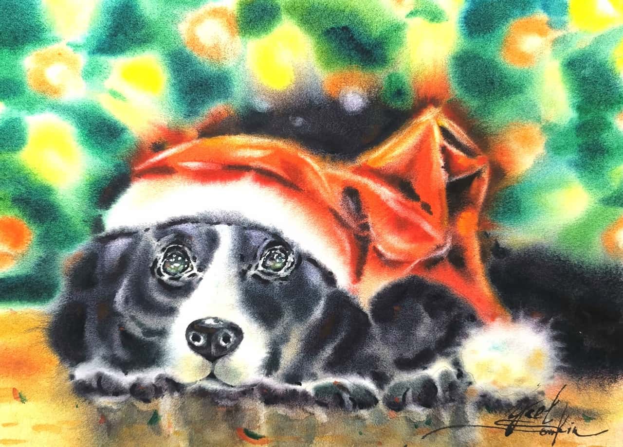 Original Watercolor Dog Painting - Christmas Wall Art