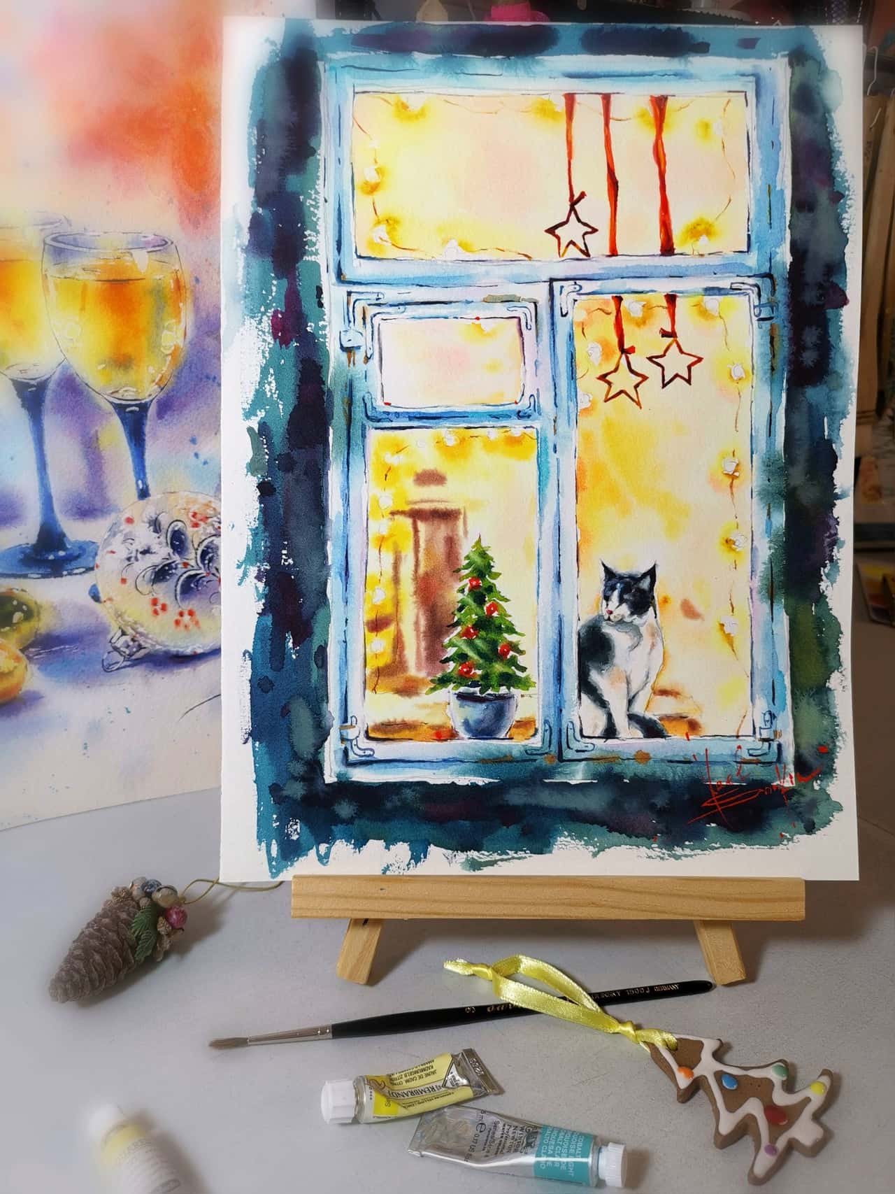 ORIGINAL Watercolor Painting CAT Painting Christmas Painting Animal