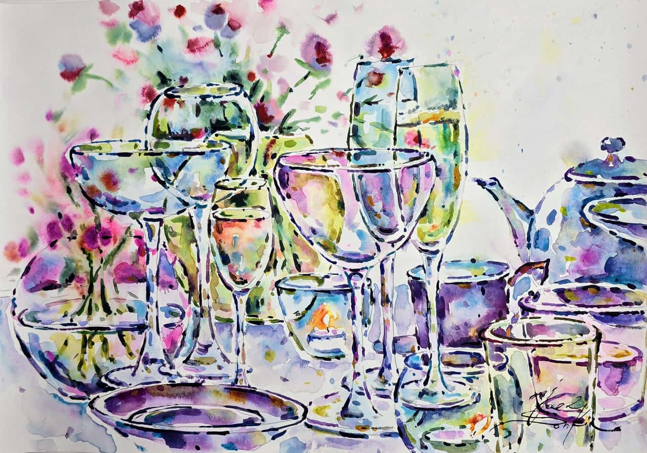 Colorful Still Life - Original Watercolor Painting of Glassware and Flowers
