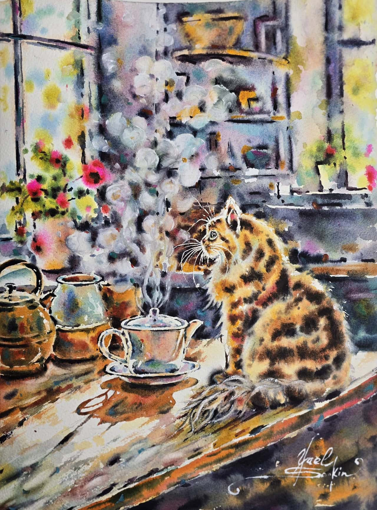 Ginger cat artwork Kitchen wall art Original watercolor painting