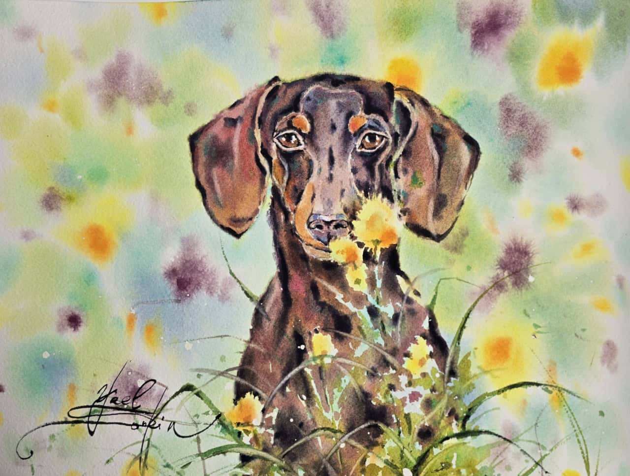 Dog Watercolor Painting, Original Dachshund Wall Art with Flowers