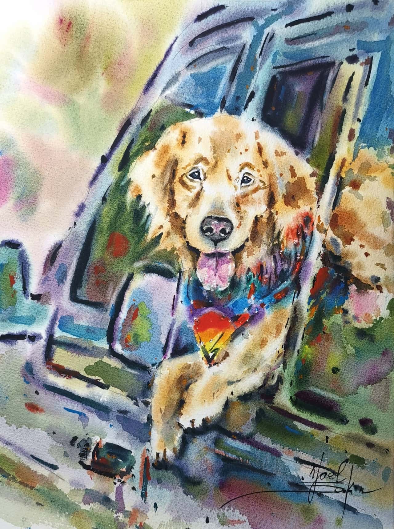 Dog painting Original watercolor painting Tel Aviv painting