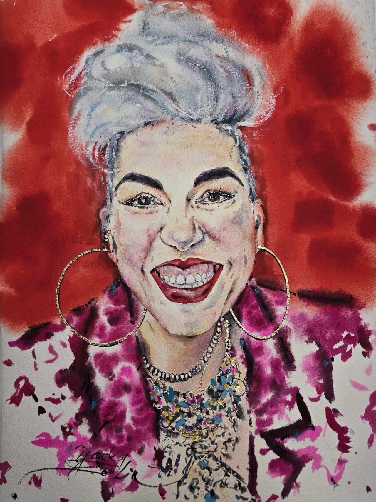 Vibrant Woman Portrait Painting with Gold Leaf - Original Watercolor Wall Art