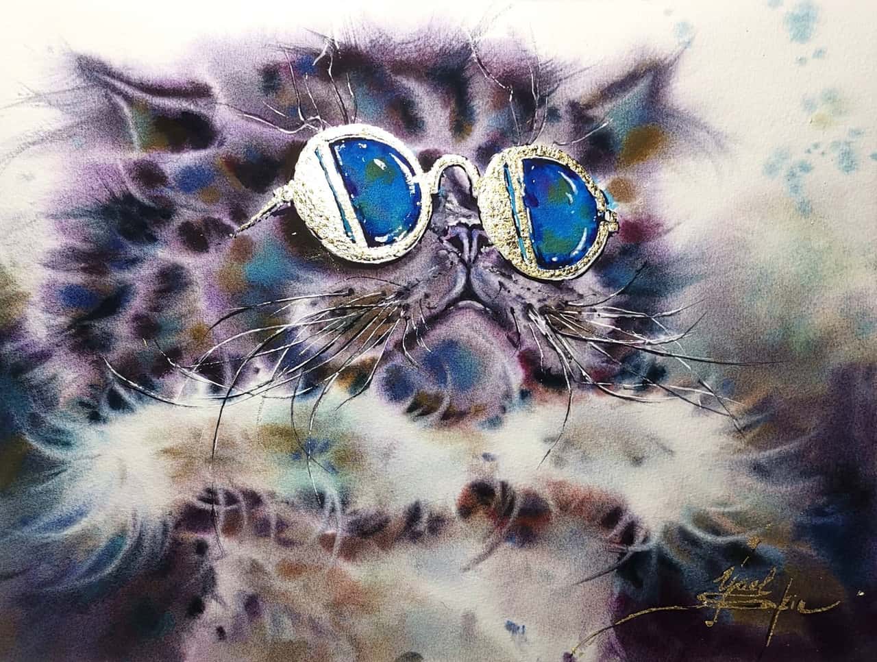 Original Watercolor Fashion Cat painting - Modern Animal Wall Art Decor