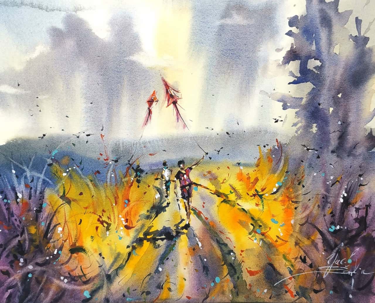 Original Watercolor Flying Kites Painting - Nostalgic Childhood Wall Art