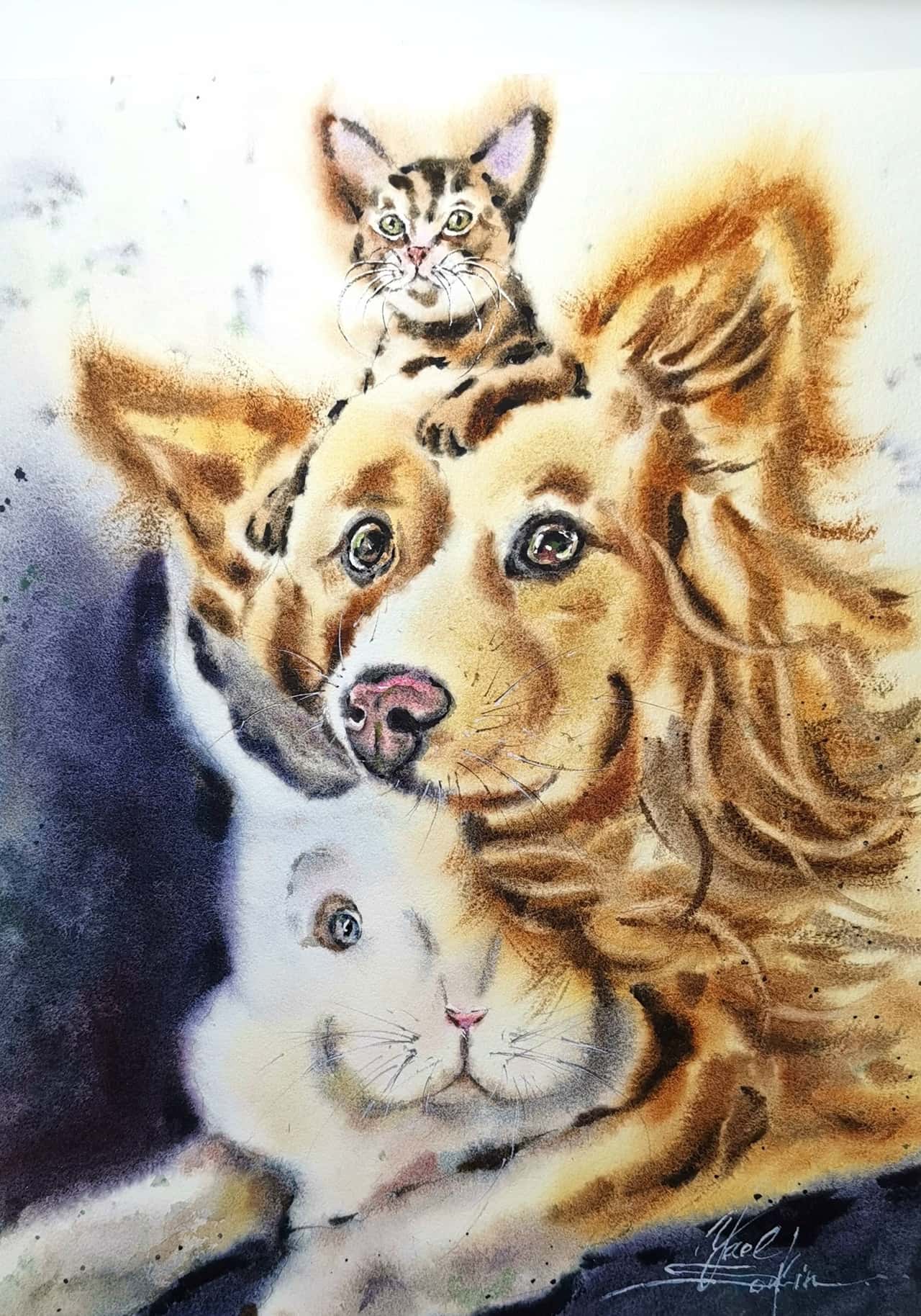 Original Watercolor Dog, Cat and Rabbit Painting - Pet Friendship Wall Art