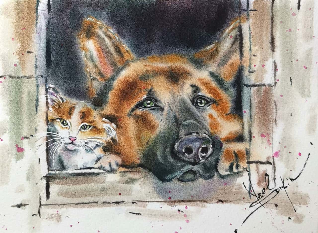 German Shepherd Artwork Original Watercolor Cat Painting