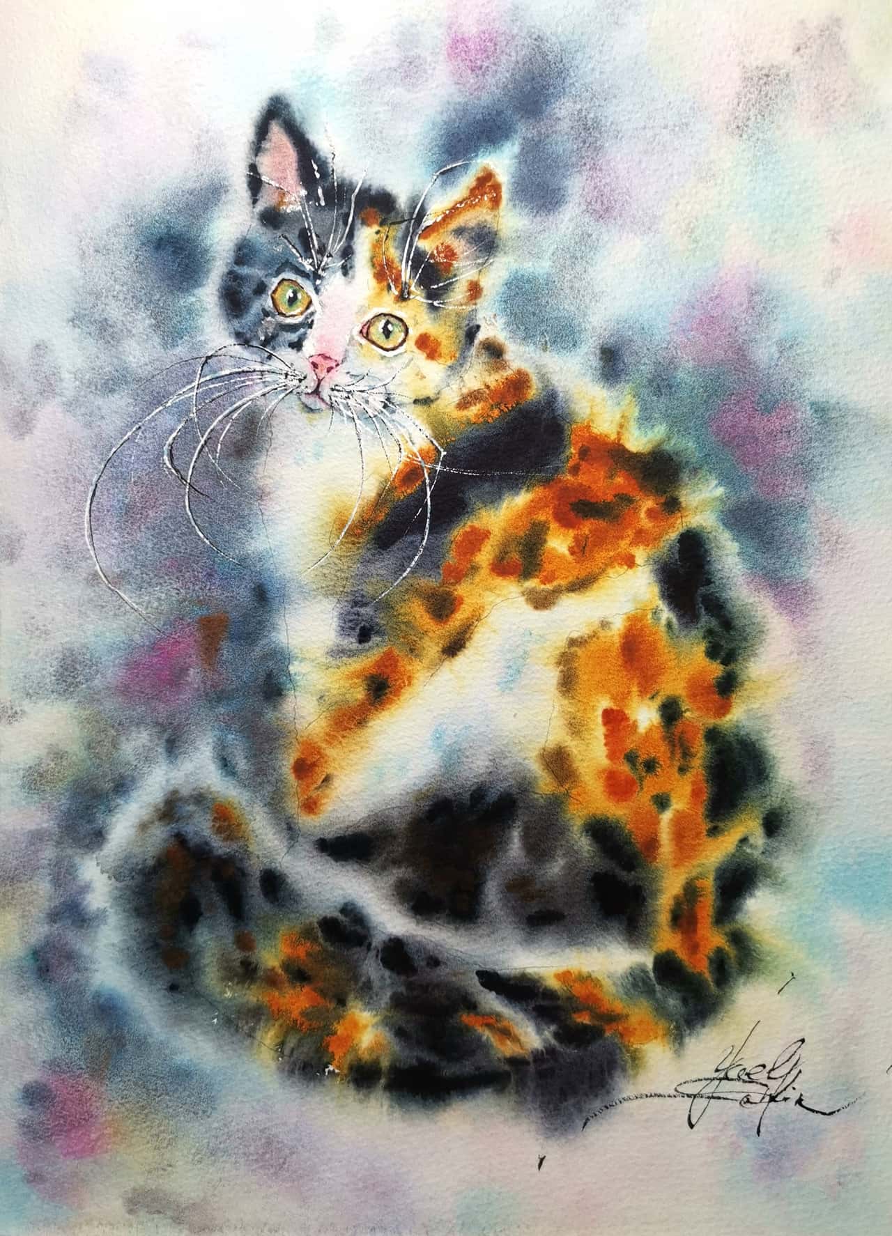 Original Watercolor Calico Cat Painting - Pet Portrait Wall Art