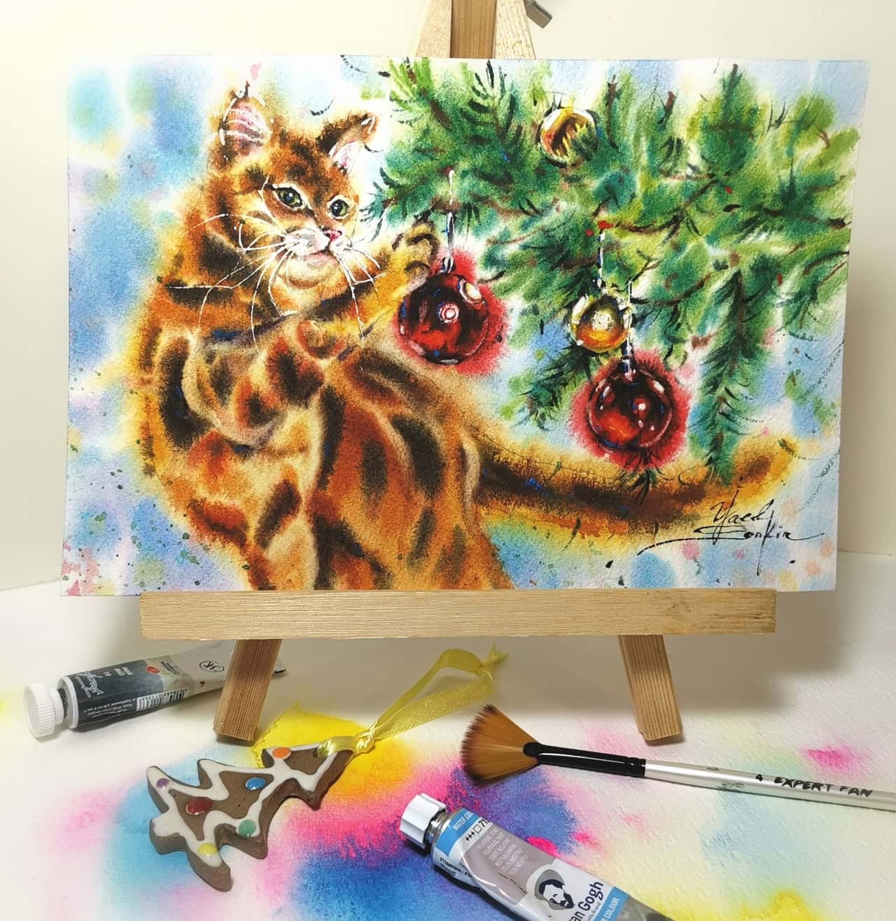 ORIGINAL watercolor painting Ginger CAT painting
