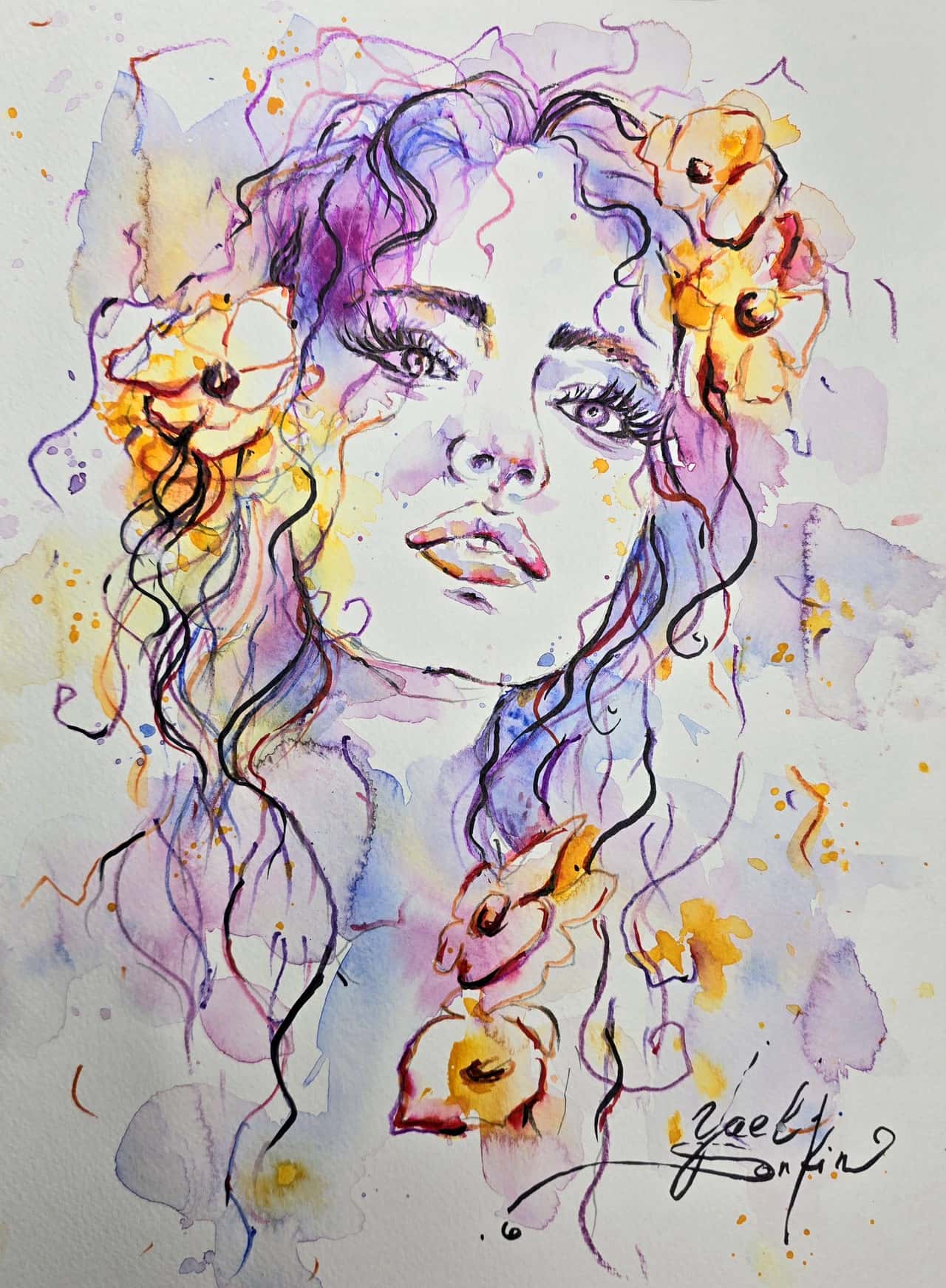Female Portrait Watercolor Painting - Original Mixed Media Wall Art