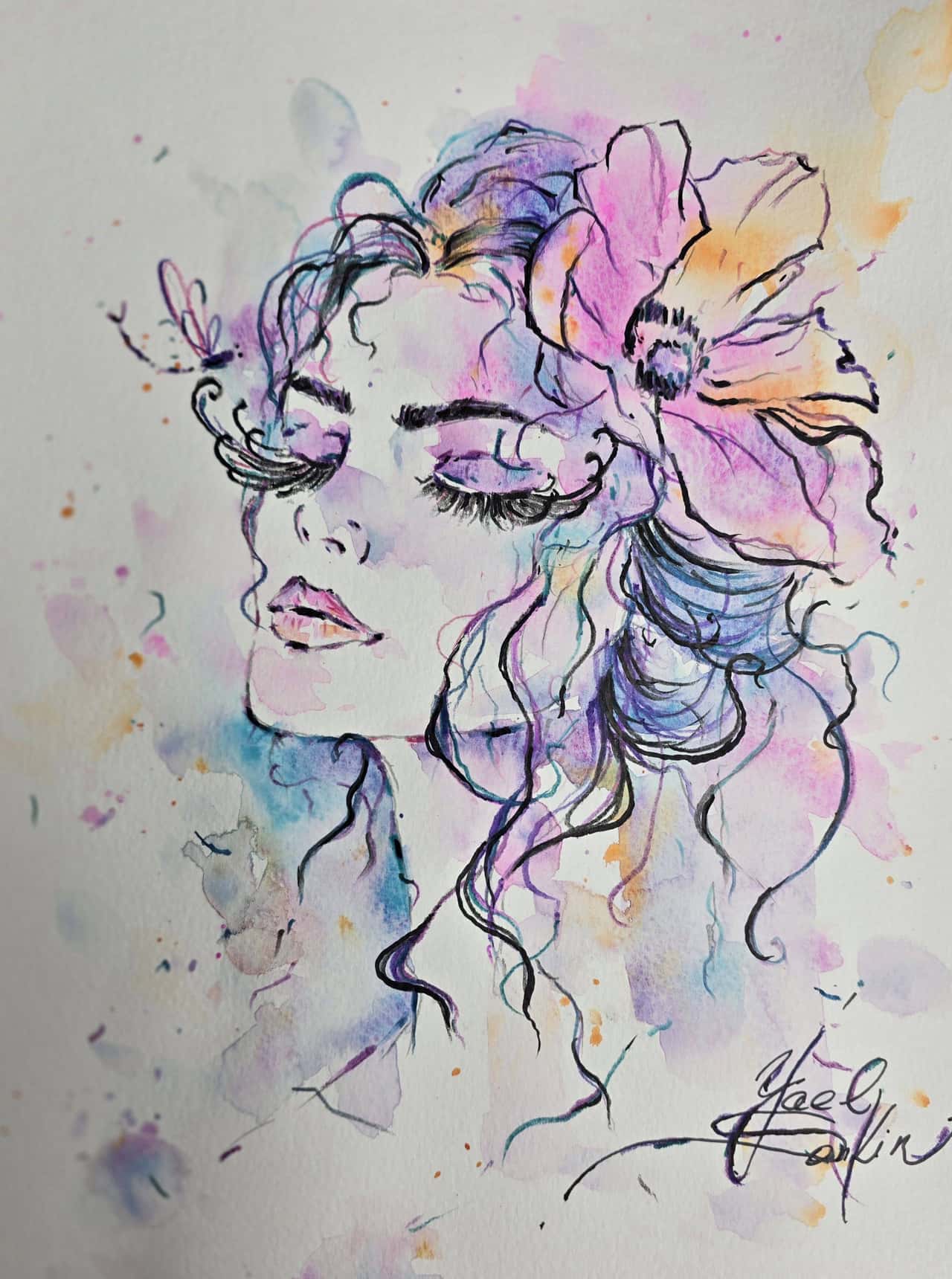 Original Watercolor Female Portrait with Flower Wall Art