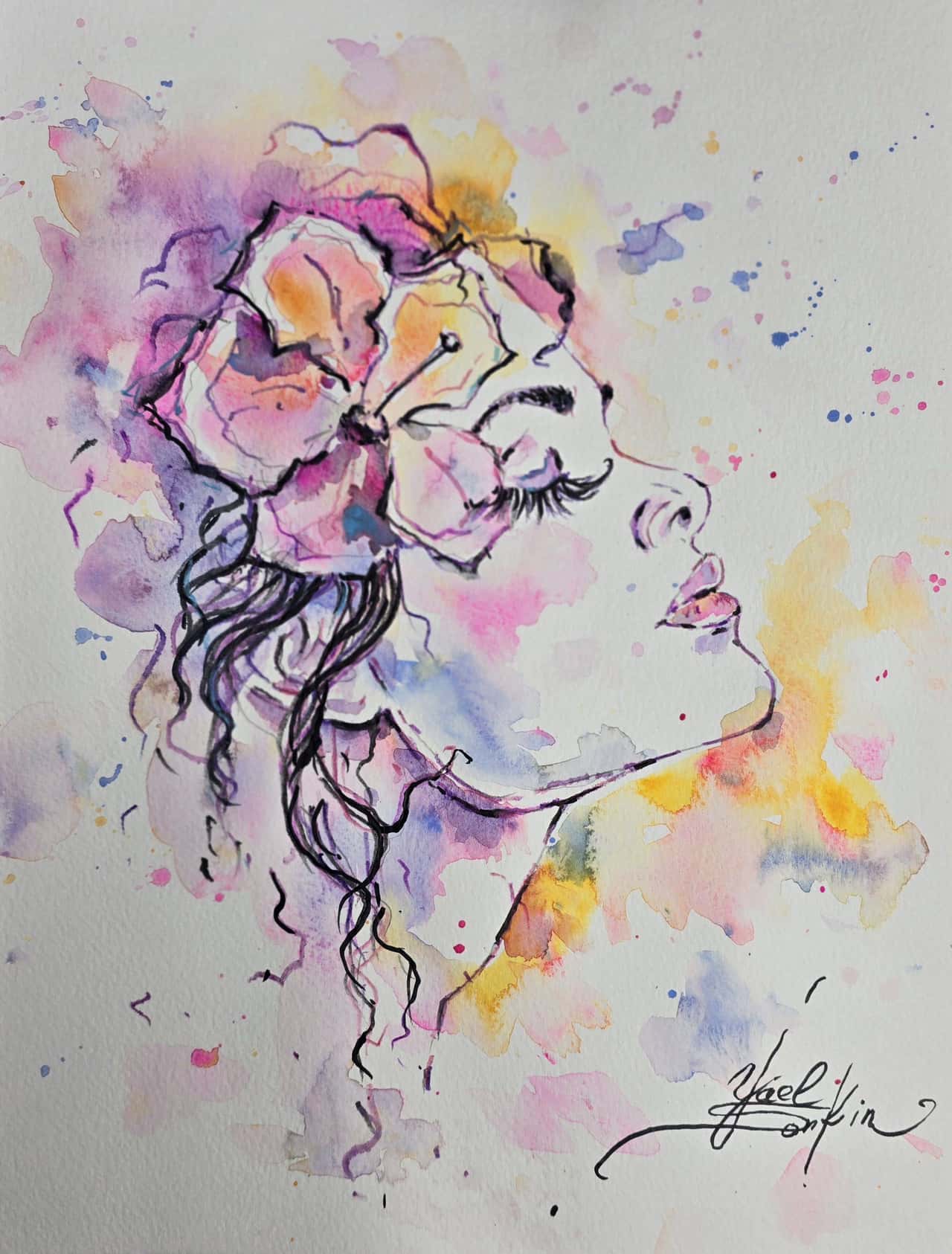 Original Watercolor Female Portrait Painting - Floral Wall Art