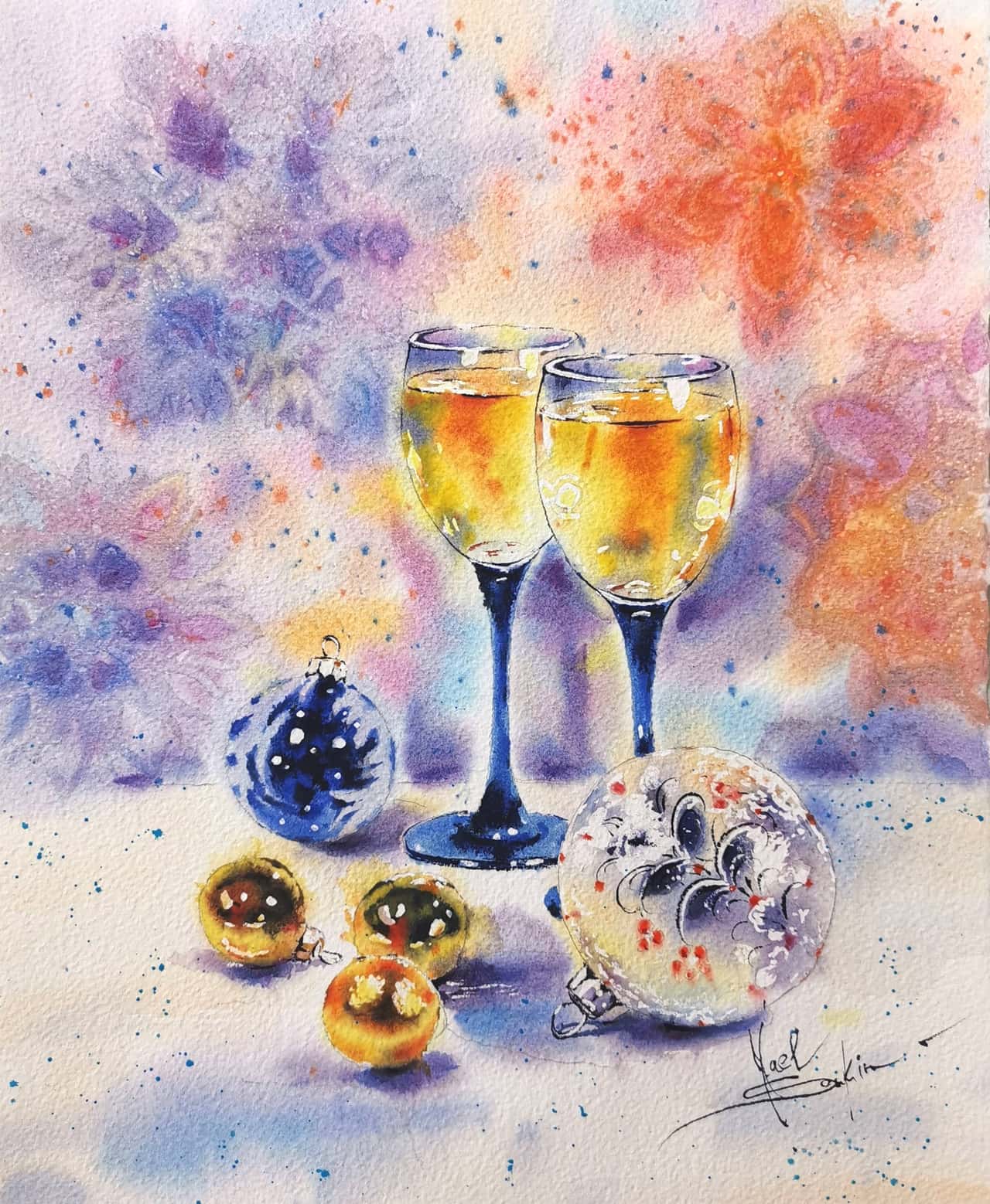 Original Watercolor Wine Glasses and Christmas Decorations Painting