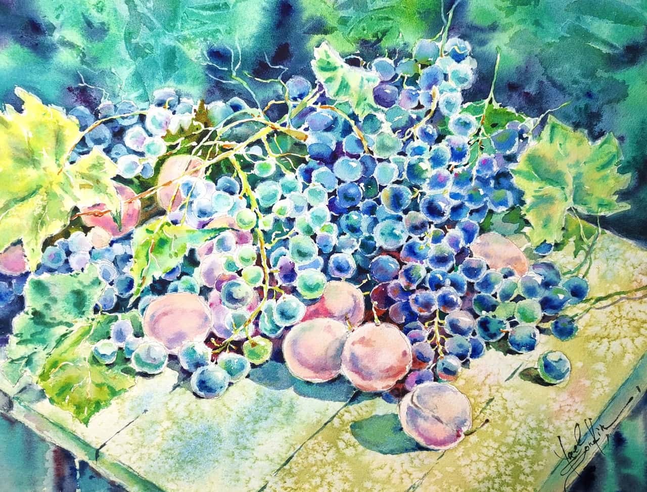 Original Watercolor Grapes And Peaches Painitng - Summer Fruits Wall Art