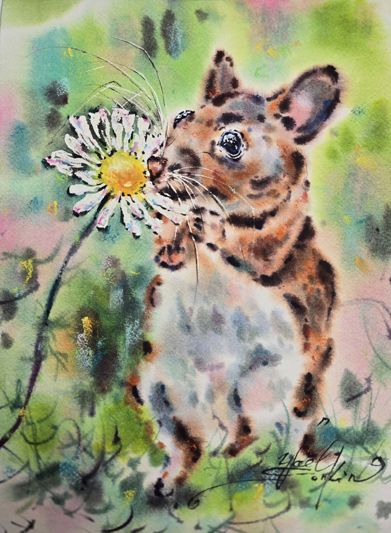 Hamster Watercolor Painting, Original Cute Animal Wall Art with Daisy Flower