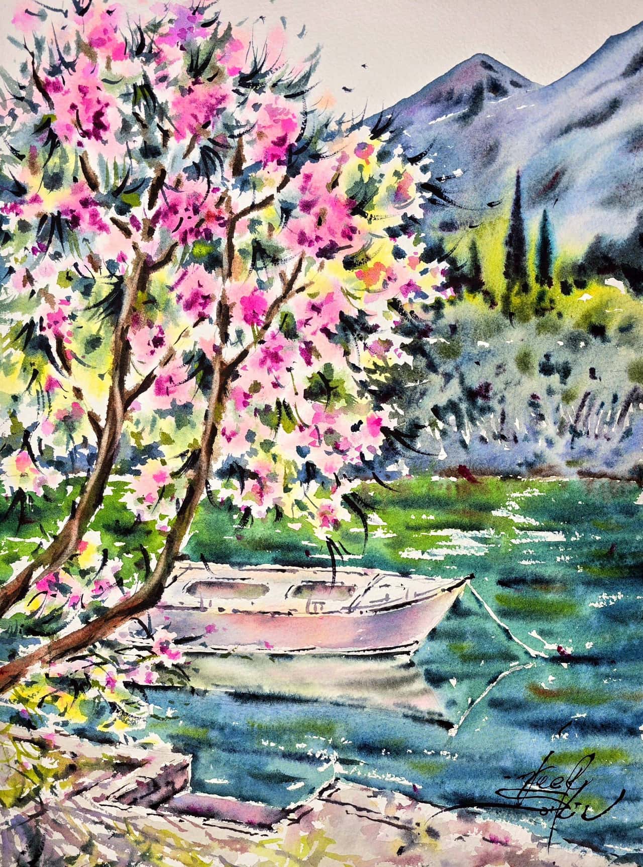 Spring Blossoms on Italian Lake - Original Watercolor Landcsape Painting