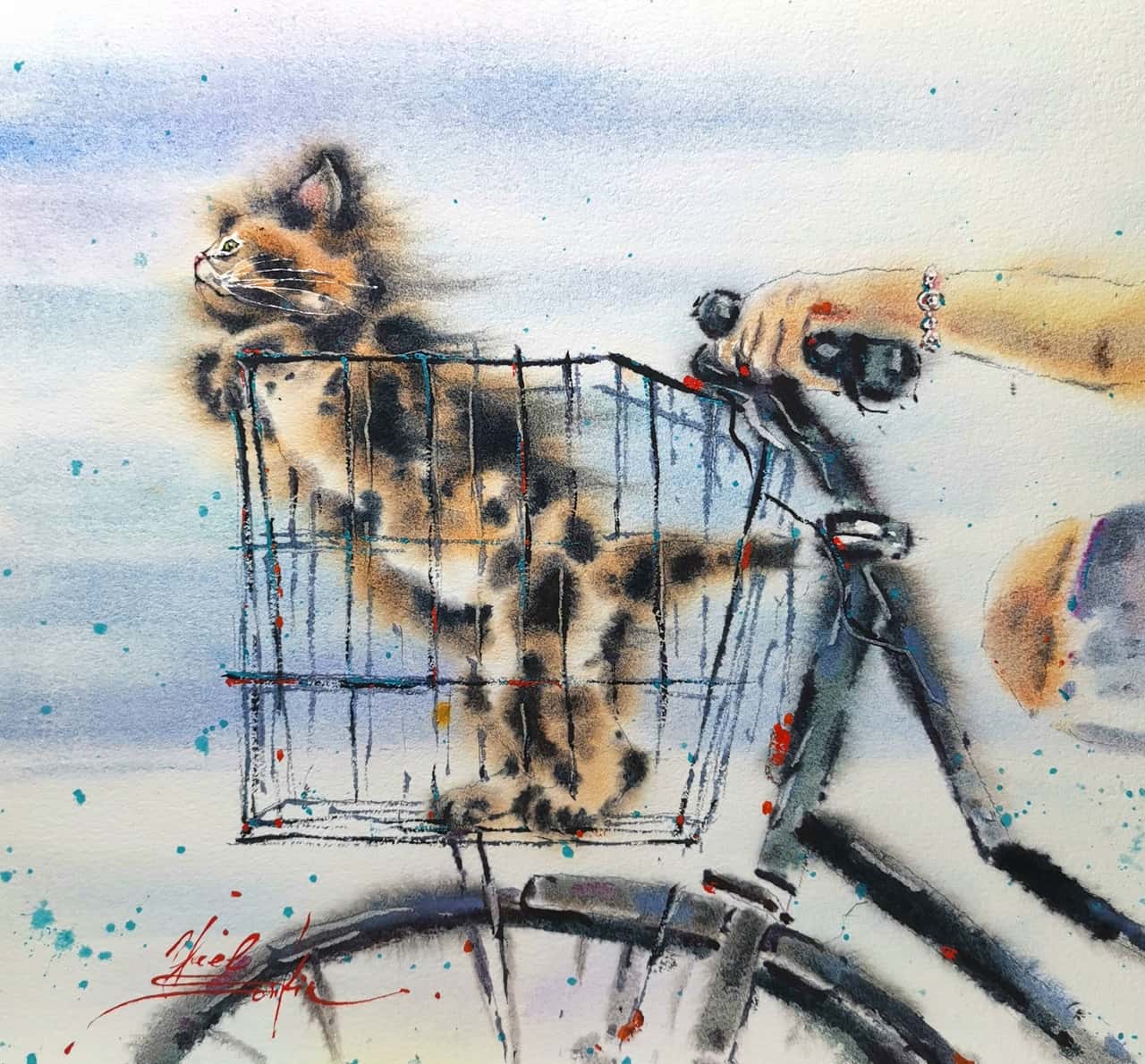 Kitten painting Original watercolor painting Bike painting