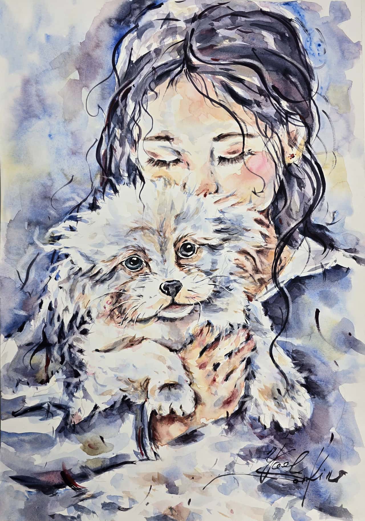 Original Watercolor Painting of Girl with Maltese Dog - Pet Portrait Wall Art